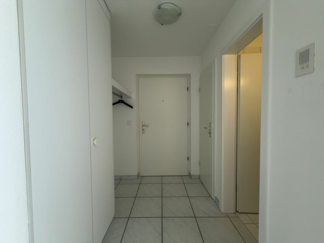 Heller Eingangsflur mit weißen Türen und Einbauschrank