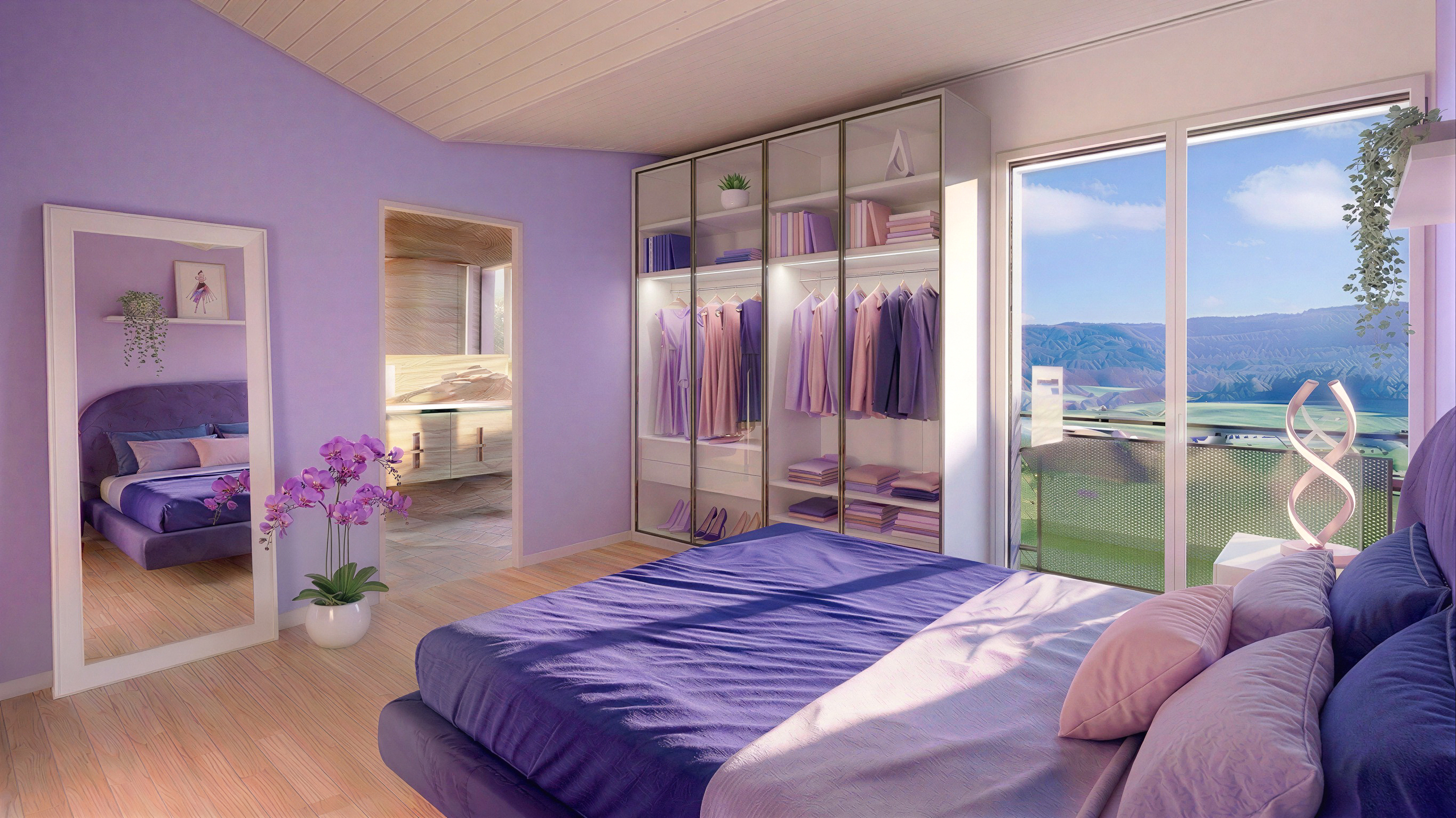 Hell eingerichtetes Schlafzimmer mit Kleiderschrank und Bergblick