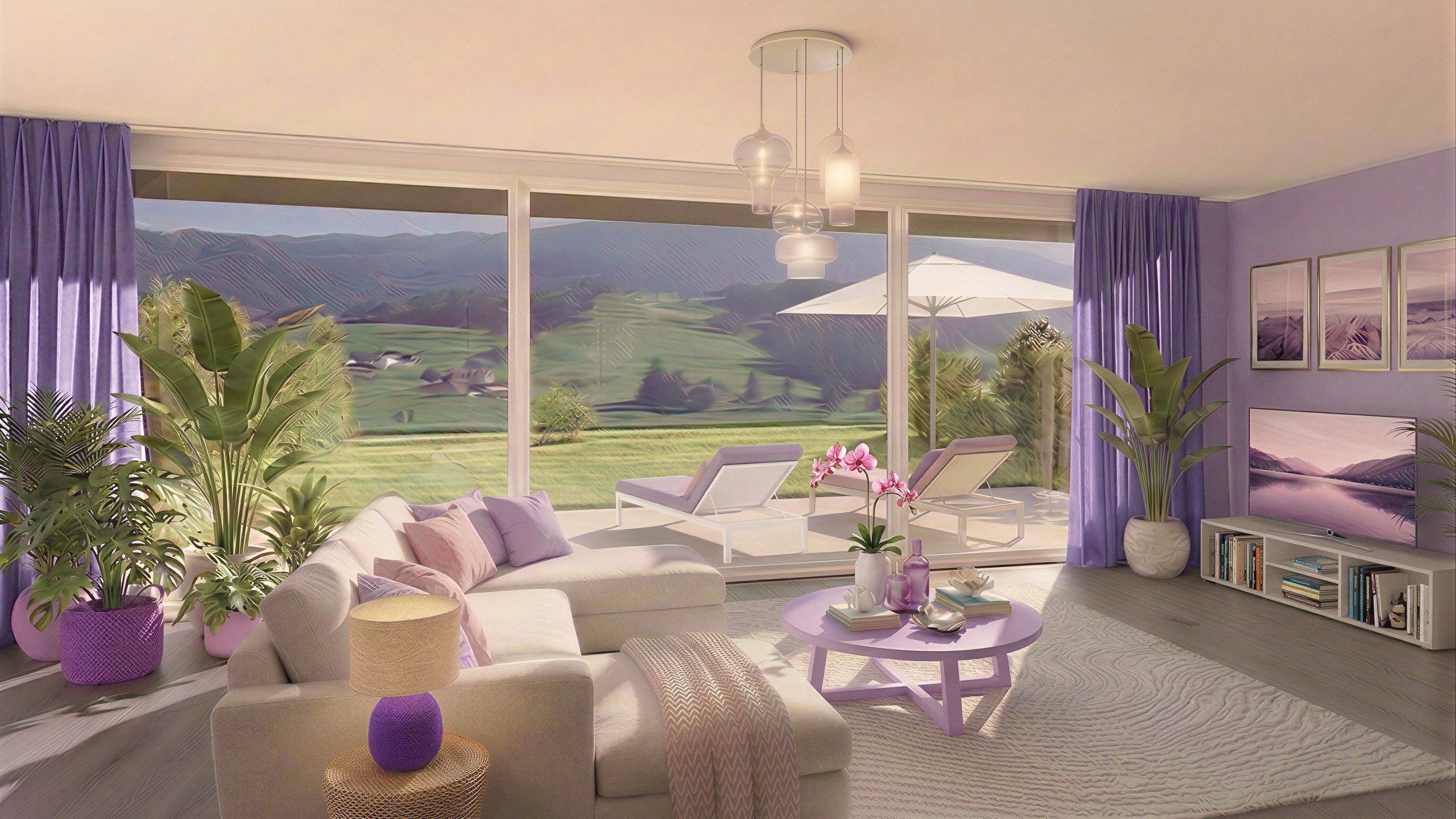 Hell eingerichtetes Wohnzimmer mit Panoramablick