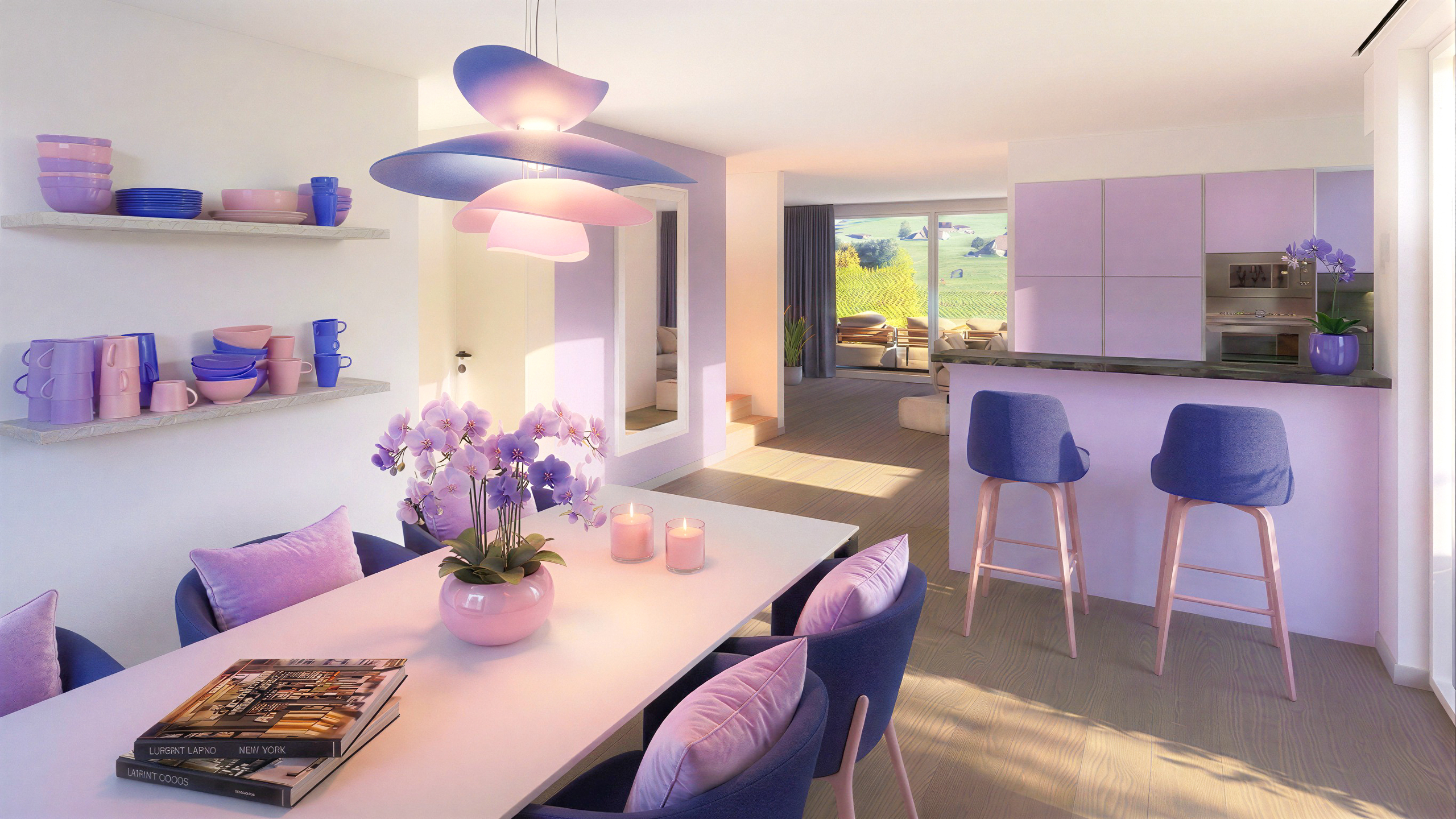 Pastellfarbenes Wohn-Esszimmer mit offener Küche