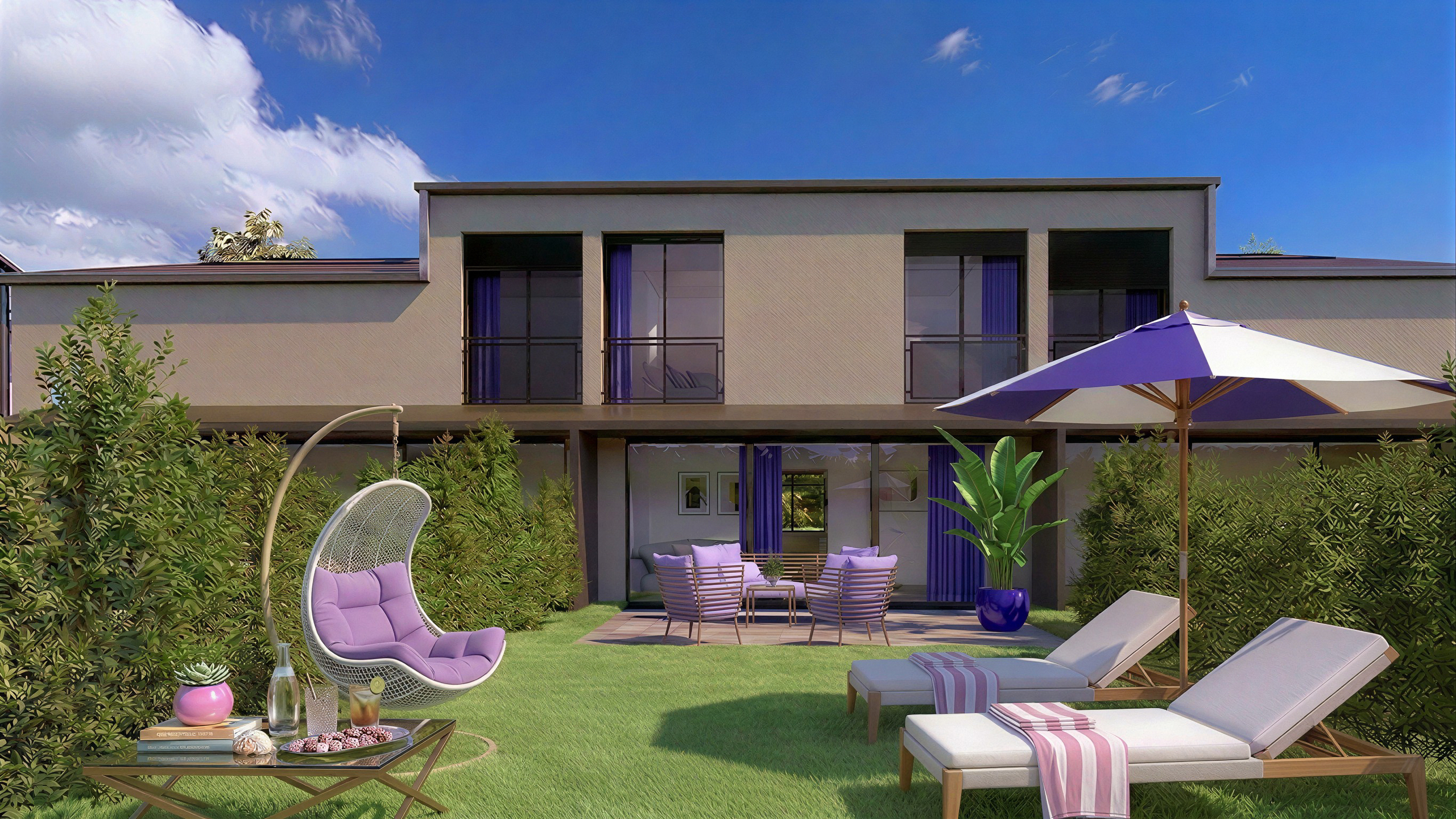 Moderner Garten mit luxuriöser Lounge vor einem zweigeschossigen Haus