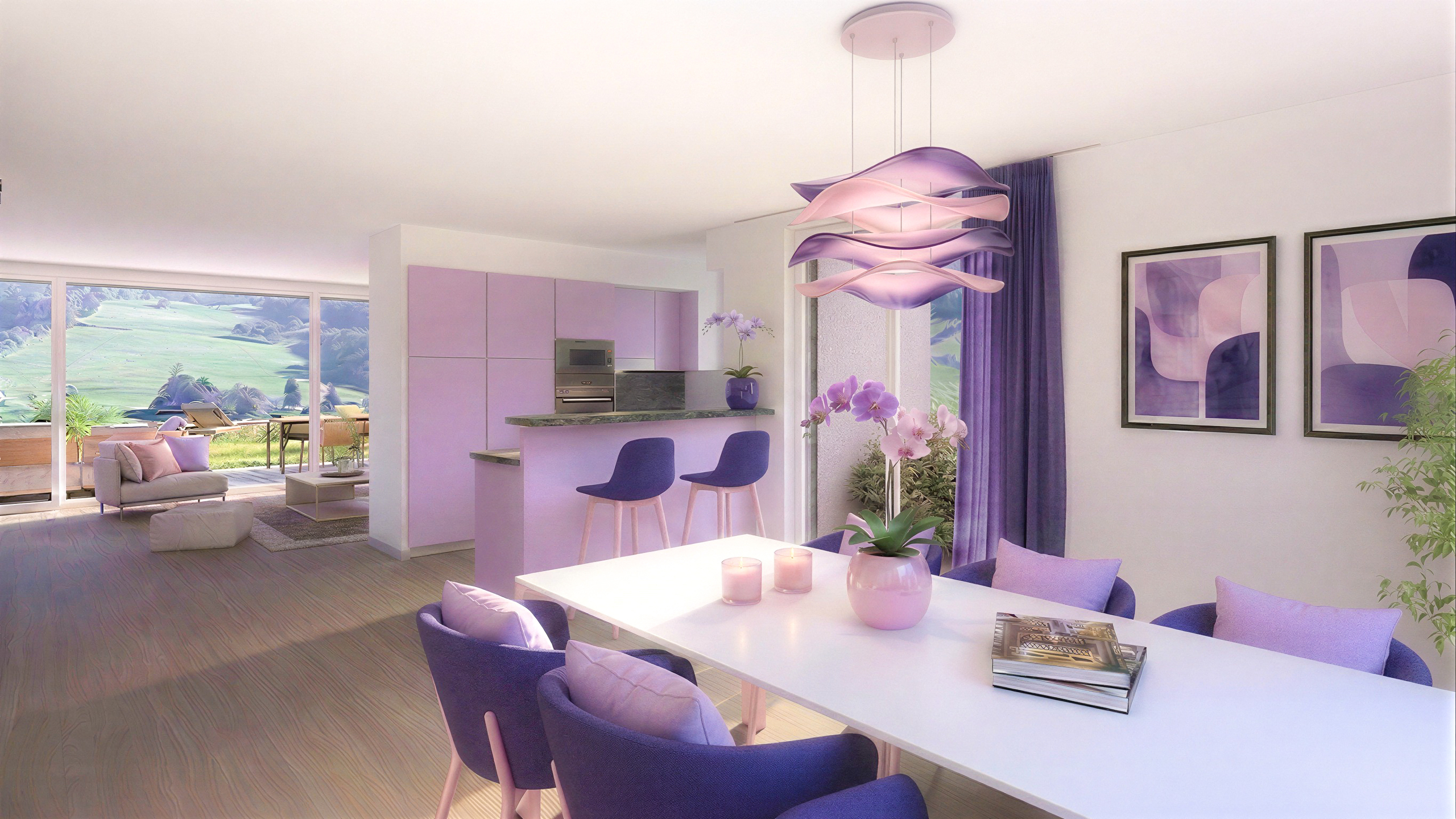 Offener Wohn-Essbereich mit pastellviolettem Staging