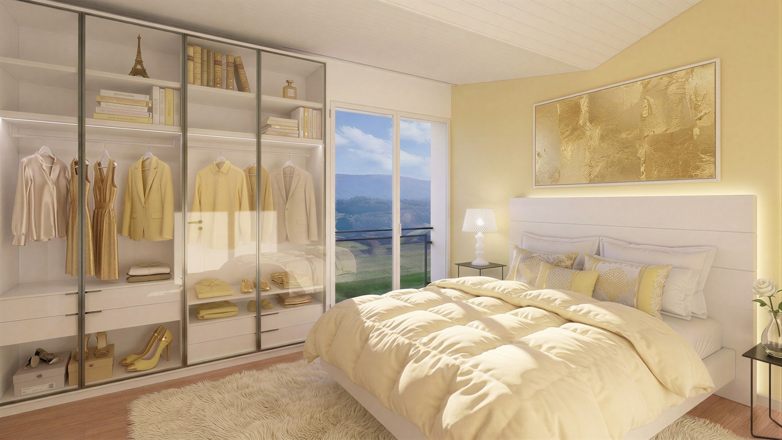 Helles Schlafzimmer mit begehbarem Kleiderschrank und Bergblick