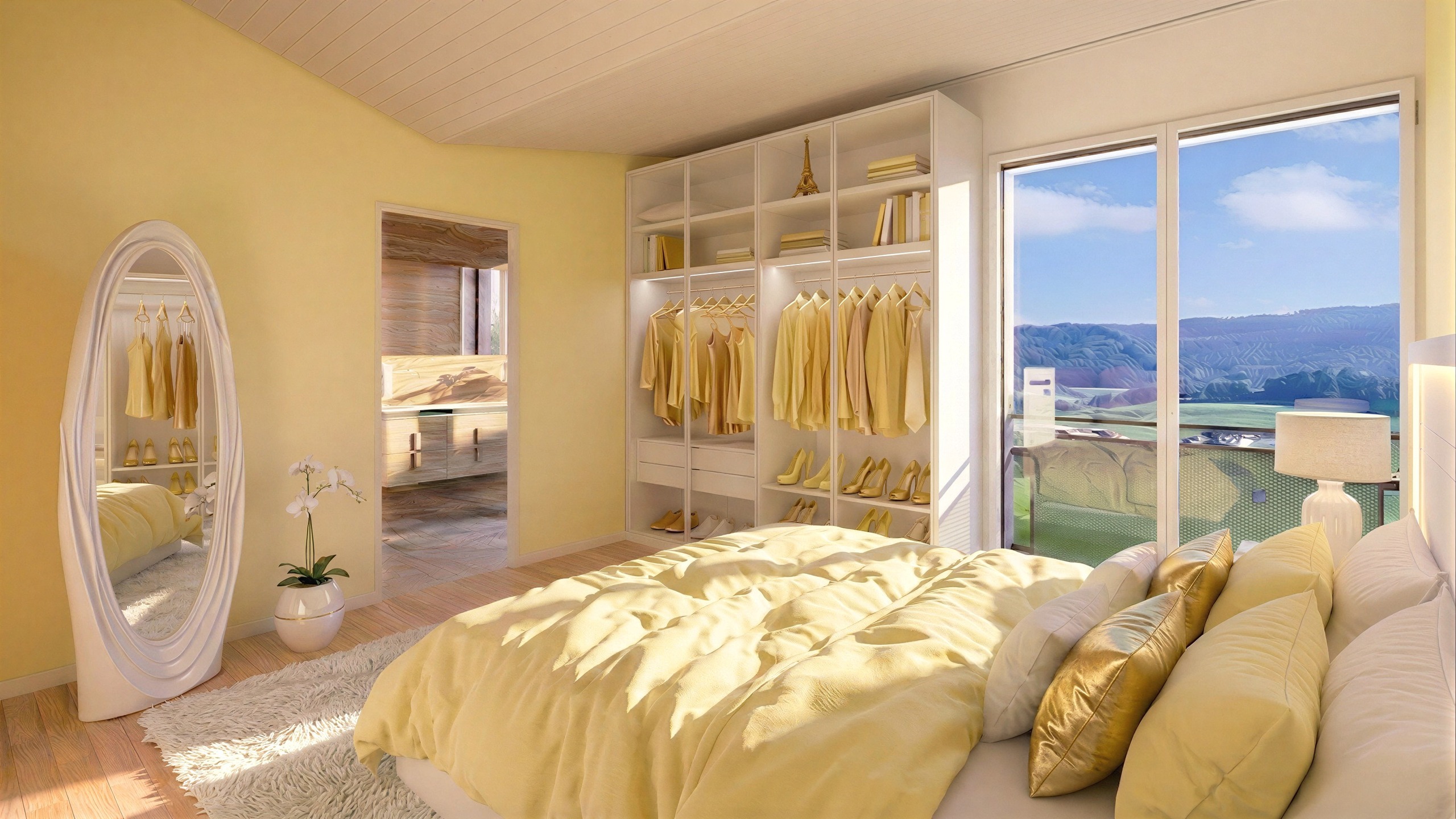 Helles Schlafzimmer mit Ankleide und Bergblick
