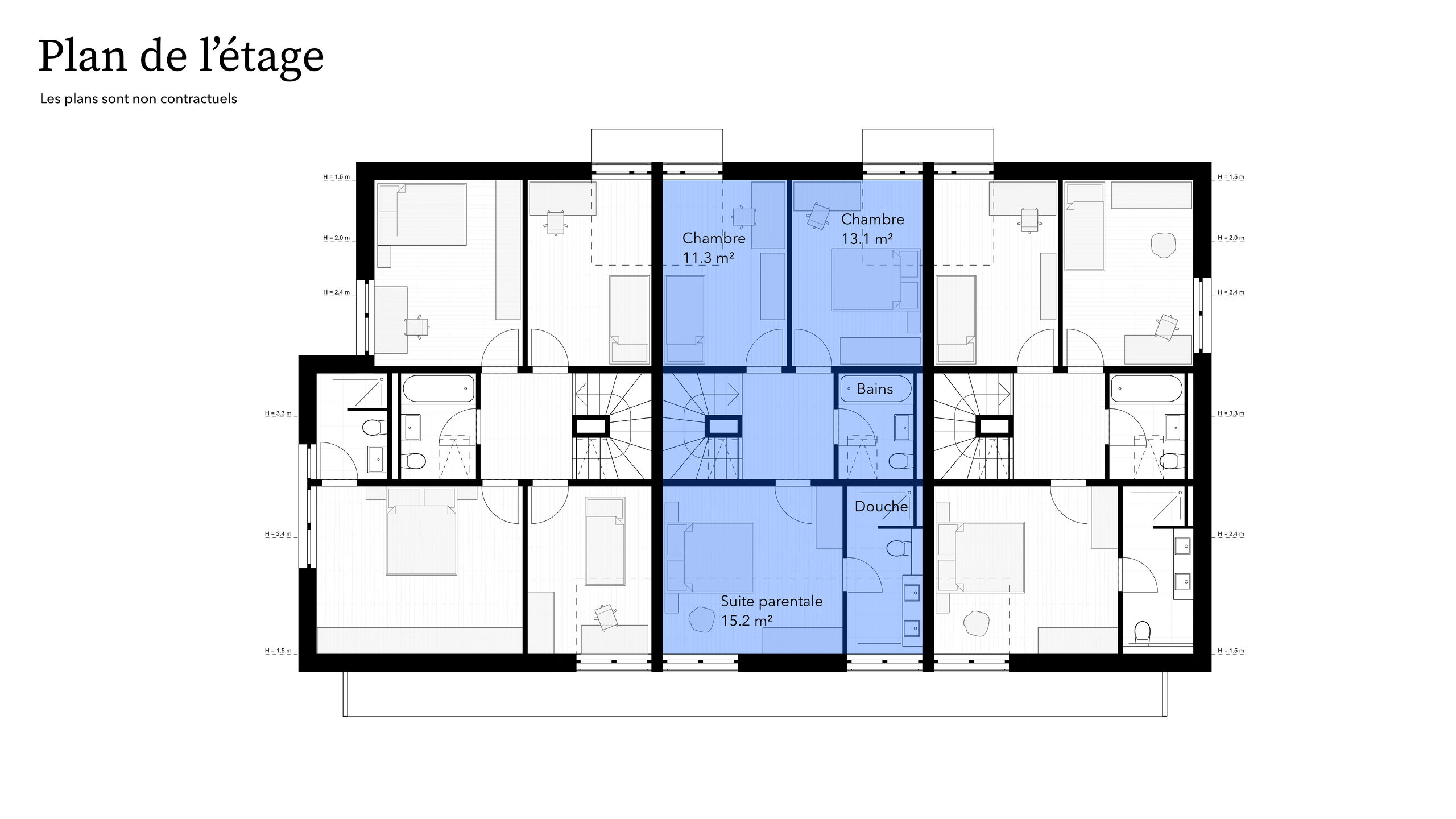 Grundriss einer Etage mit Schlafzimmern und Bädern