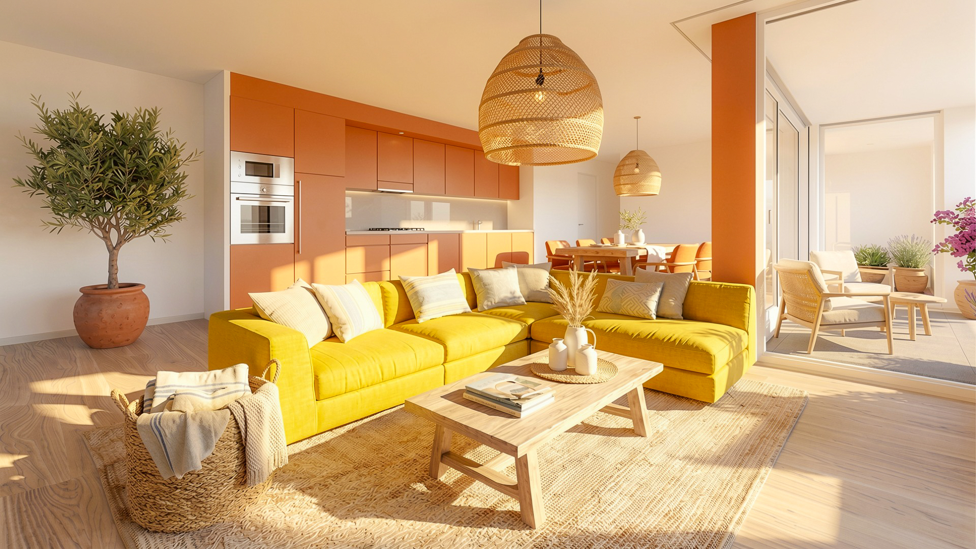 Helles offenes Wohn-Esszimmer mit Küche und Terrasse