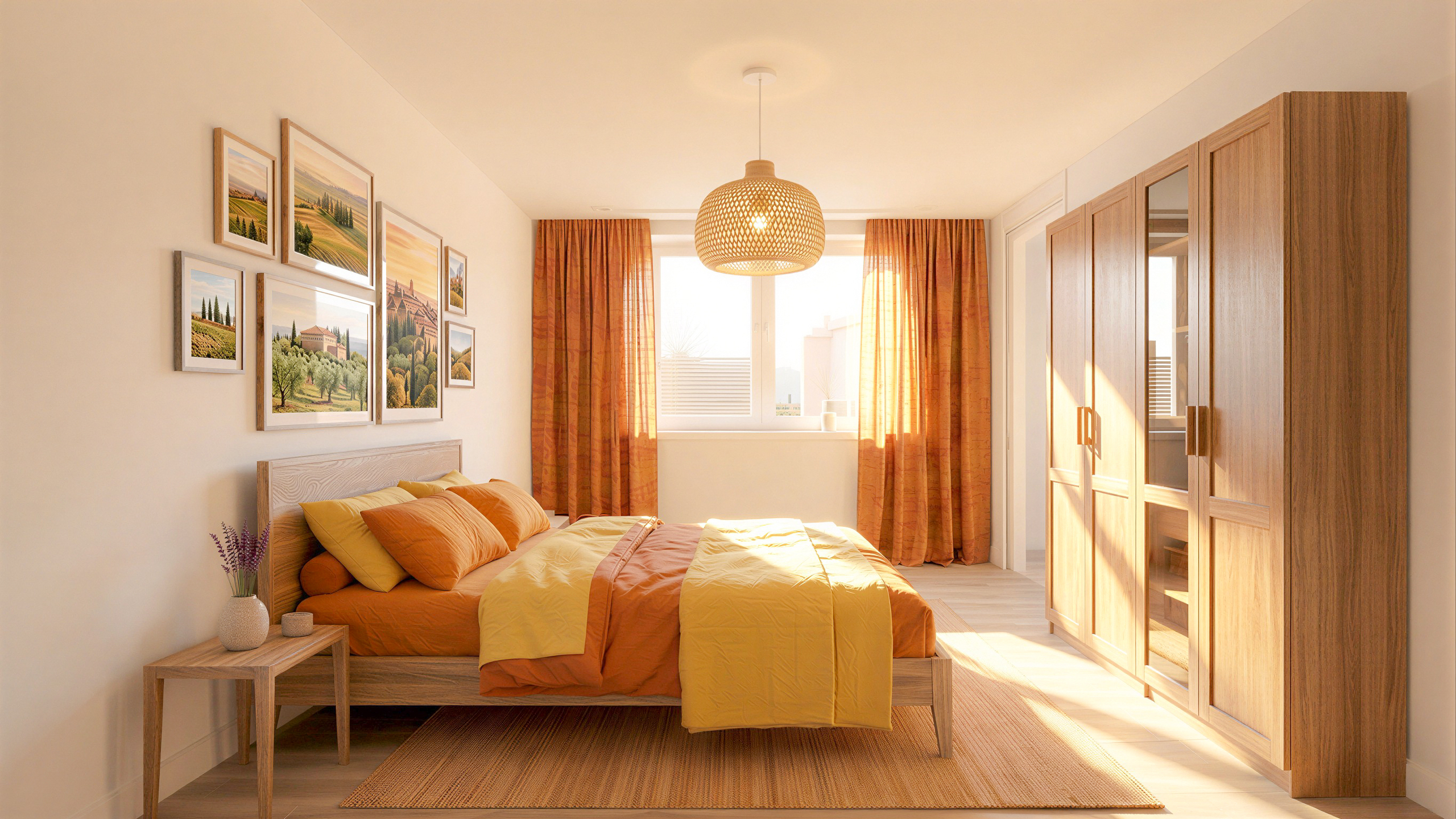 Helles Schlafzimmer mit warmen Naturtönen