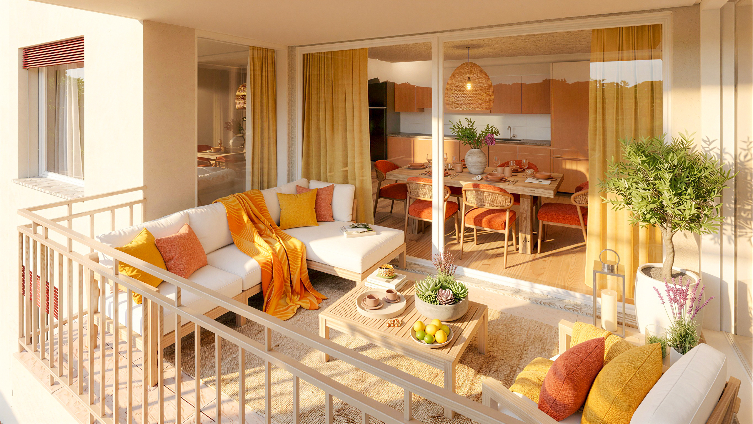 Sonniger Balkon mit Wohn- und Essbereich