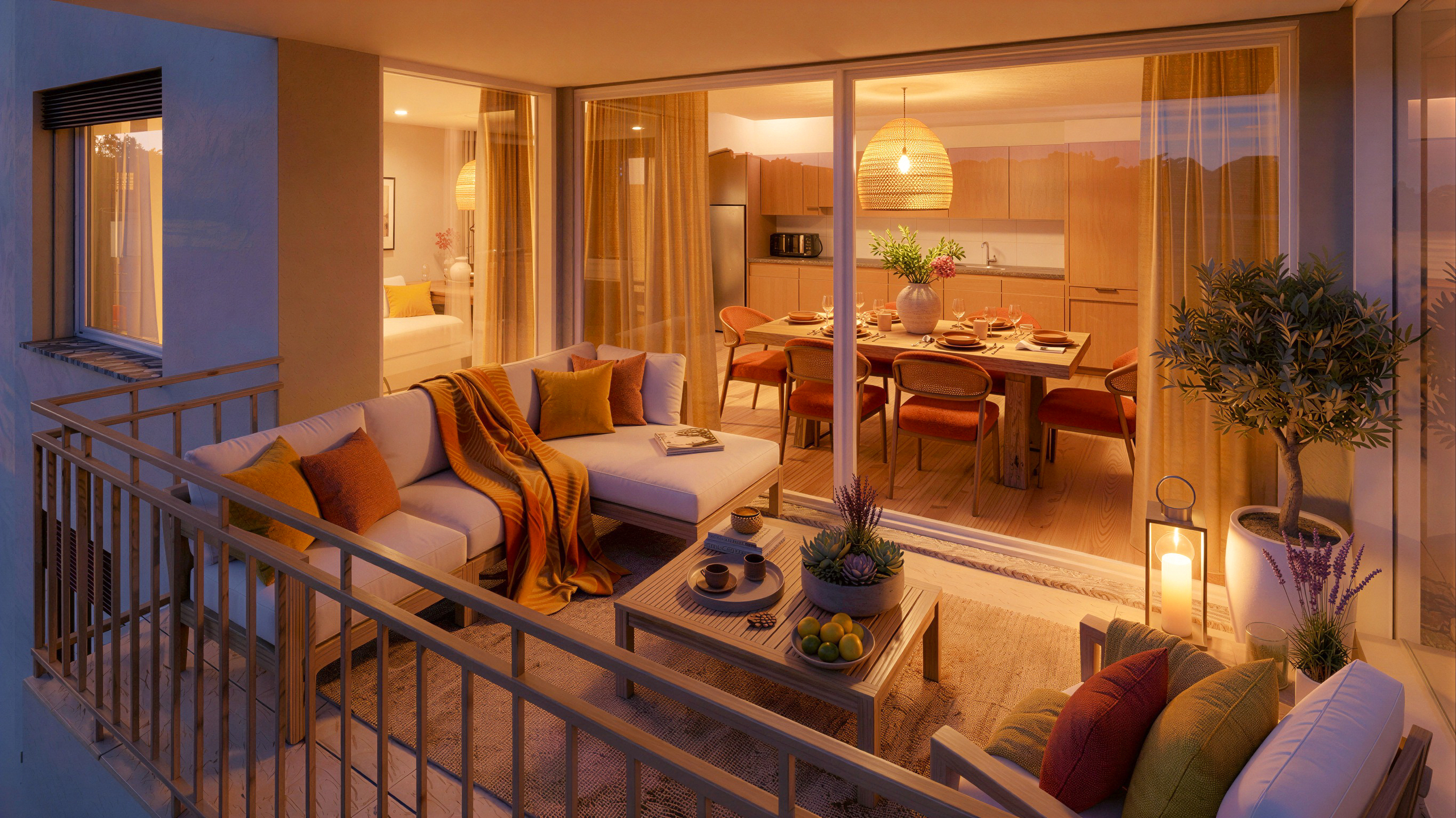 Gemütlicher Balkon mit Blick in einen offen gestalteten Wohn- und Essbereich bei Abendstimmung