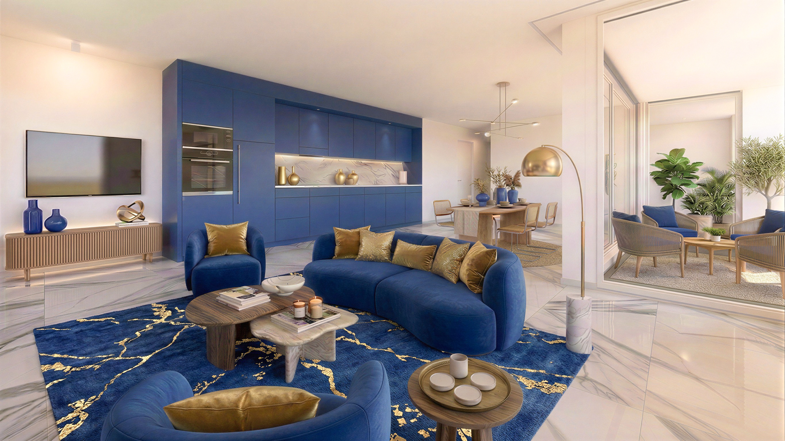 Luxuriöses offenes Wohn-Esszimmer mit Designküche