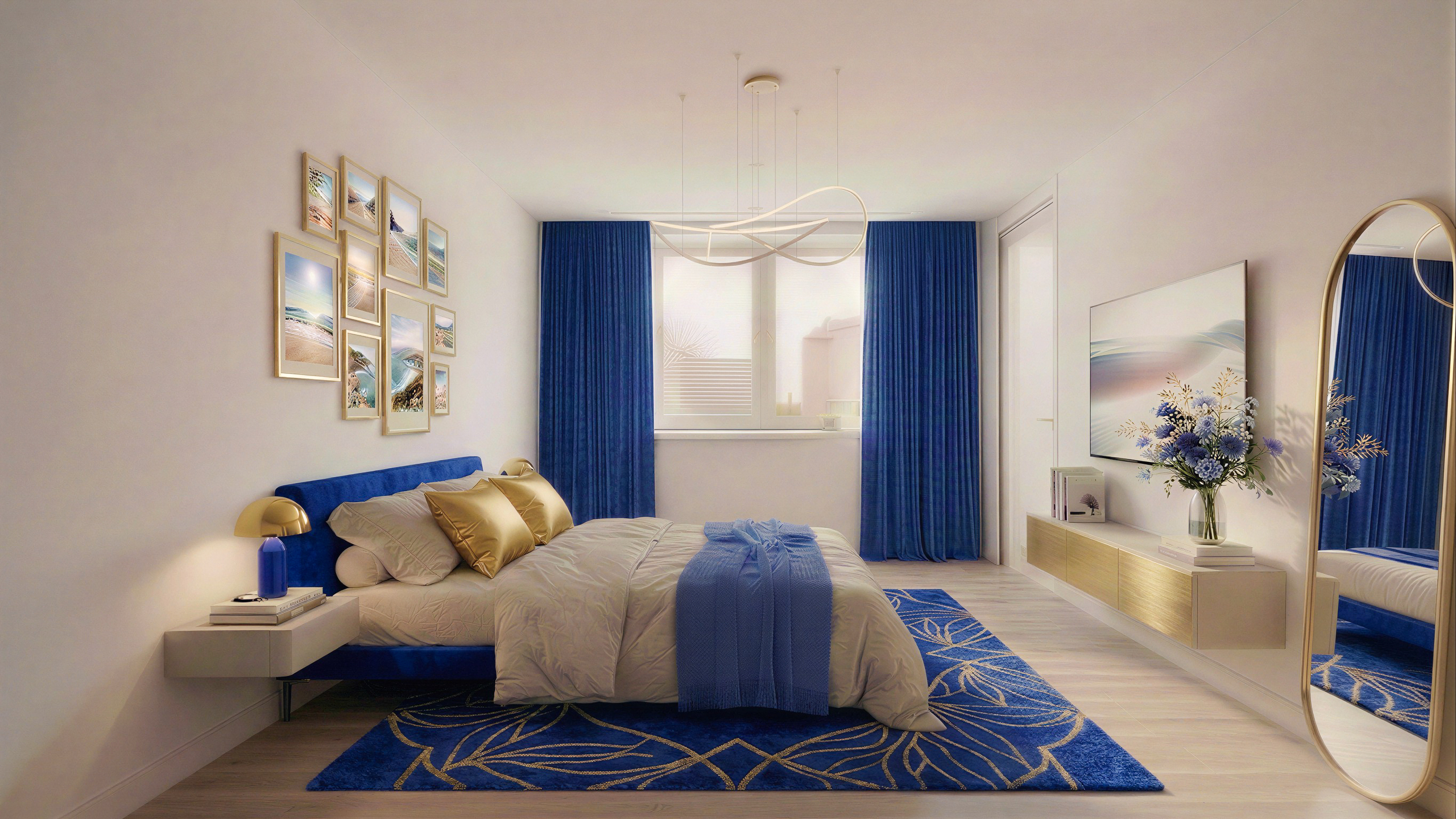 Modernes Schlafzimmer mit blauen Akzenten