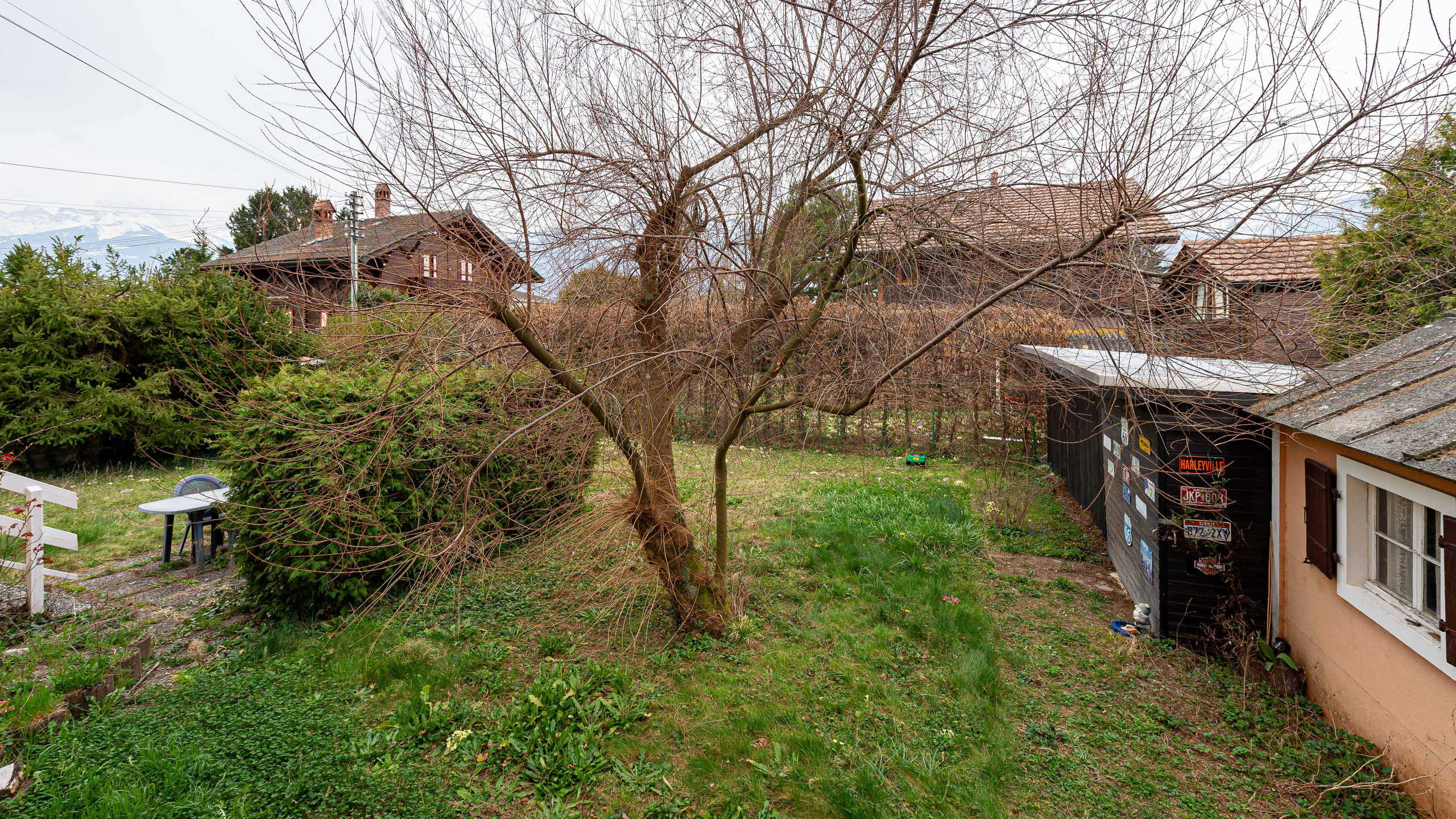 Unbebaute Gartenansicht mit Schuppen und Wohnhäusern