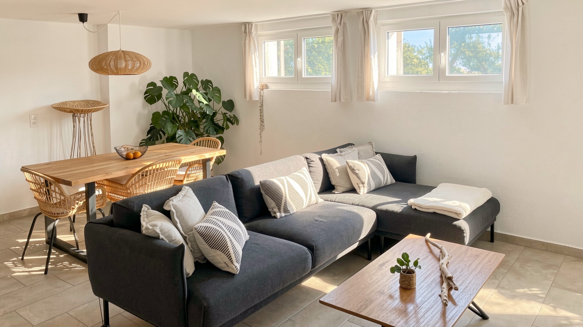 Heller Wohn- und Essbereich mit Sofa und Holztisch