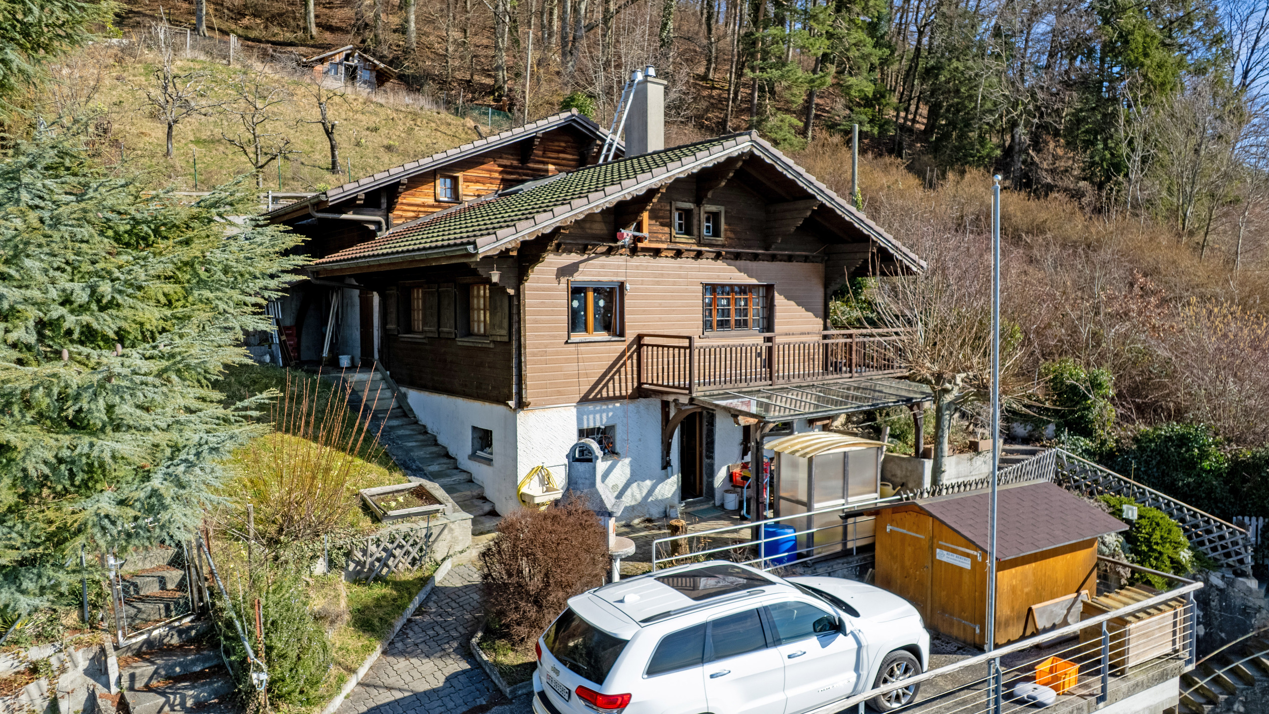 Alpenhaus mit Holzfassade und Gartenhang