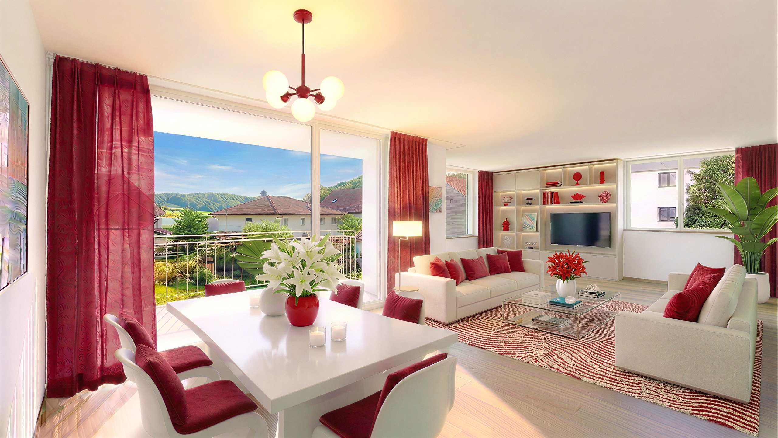Helles, modern eingerichtetes Wohn-Esszimmer mit Panoramablick