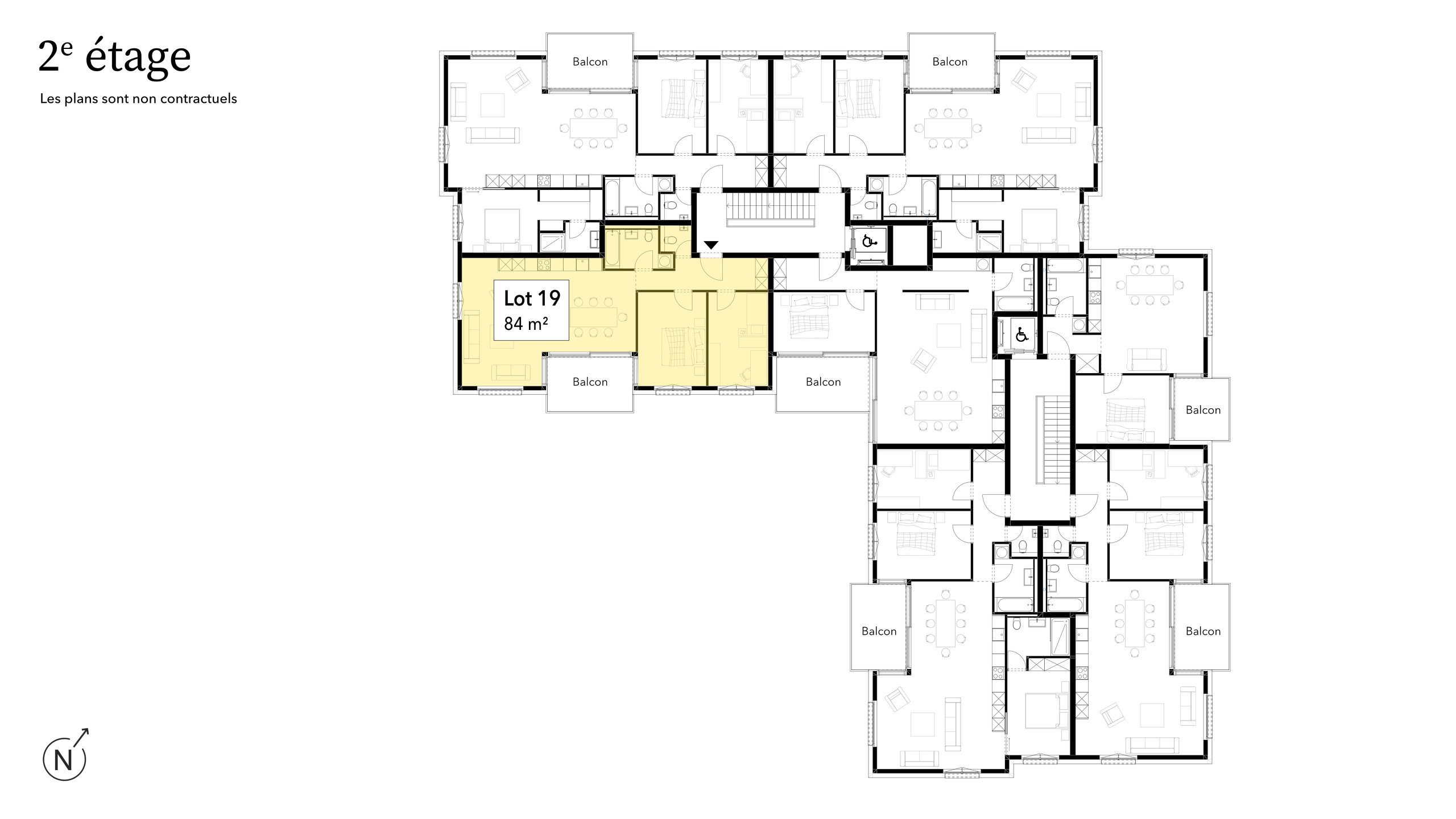 Grundriss der 2. Etage mit mehreren Wohnungen und Balkonen