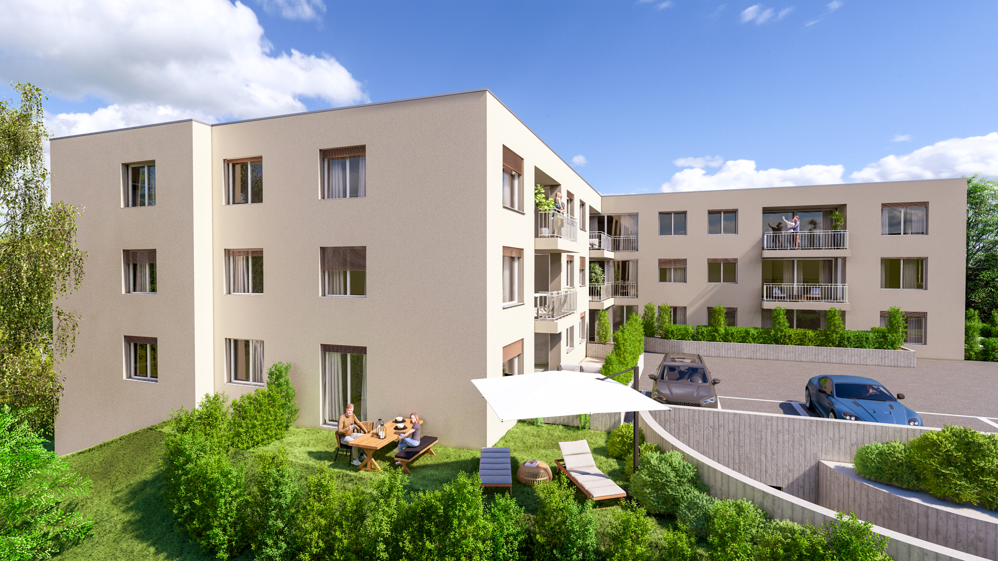 Modernes Mehrfamilienhaus mit Garten und Balkonen