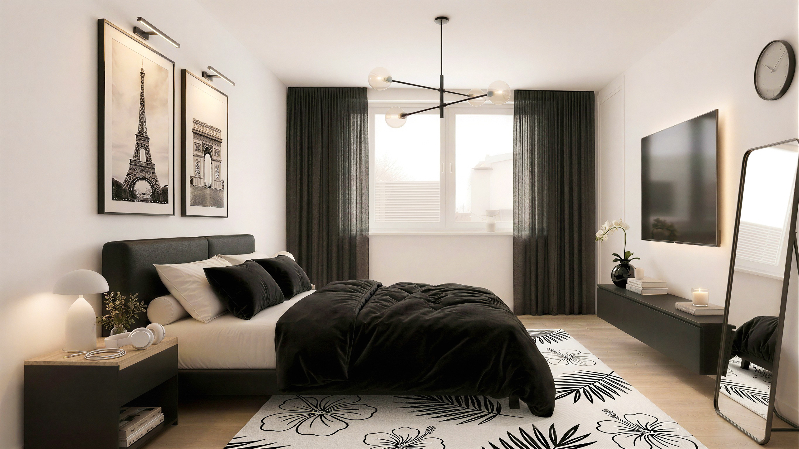 Modernes Schlafzimmer mit Schwarz-Weiß-Akzenten