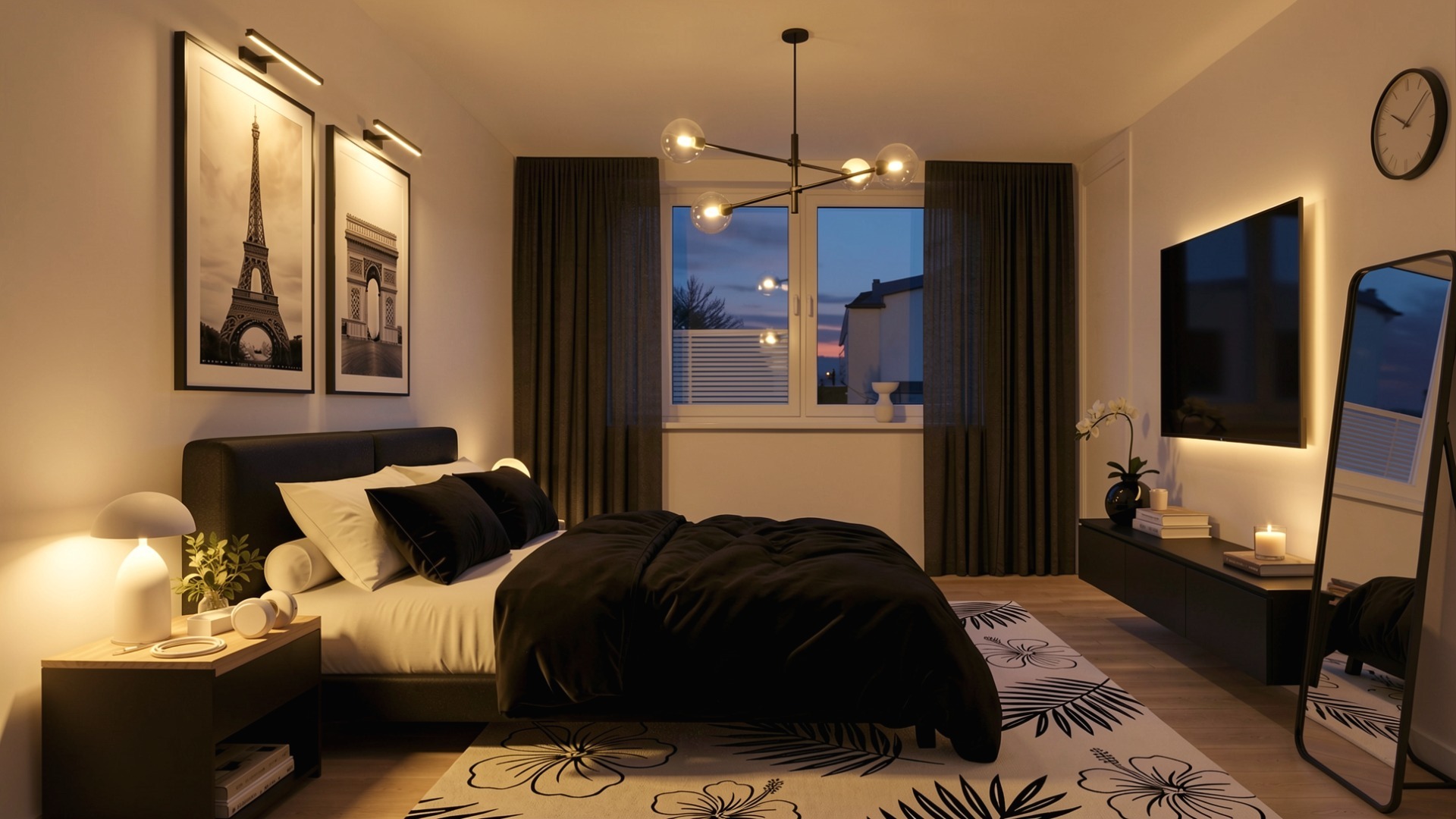 Modernes Schlafzimmer mit Abendstimmung