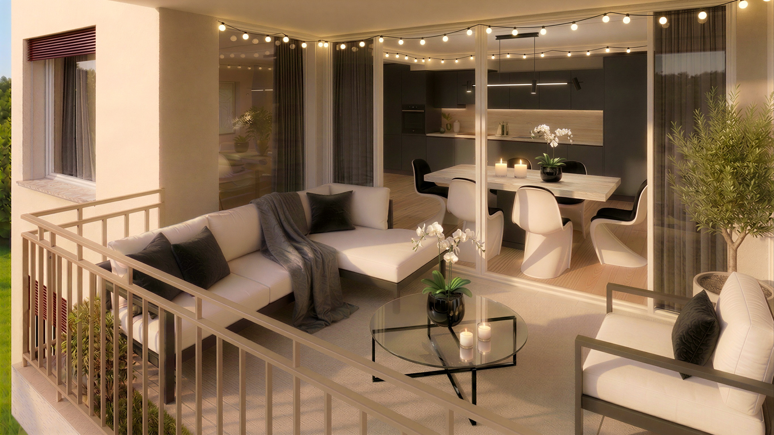 Balkon mit offenem Wohn- und Küchenbereich
