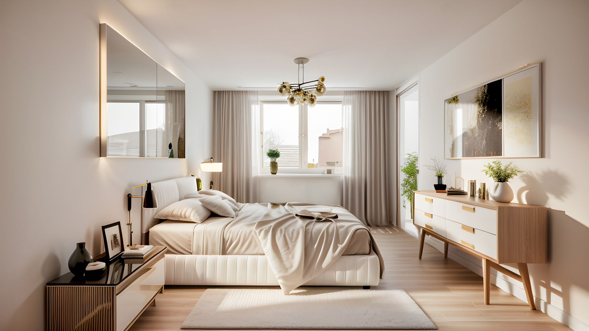 Helles, modernes Schlafzimmer mit neutraler Einrichtung