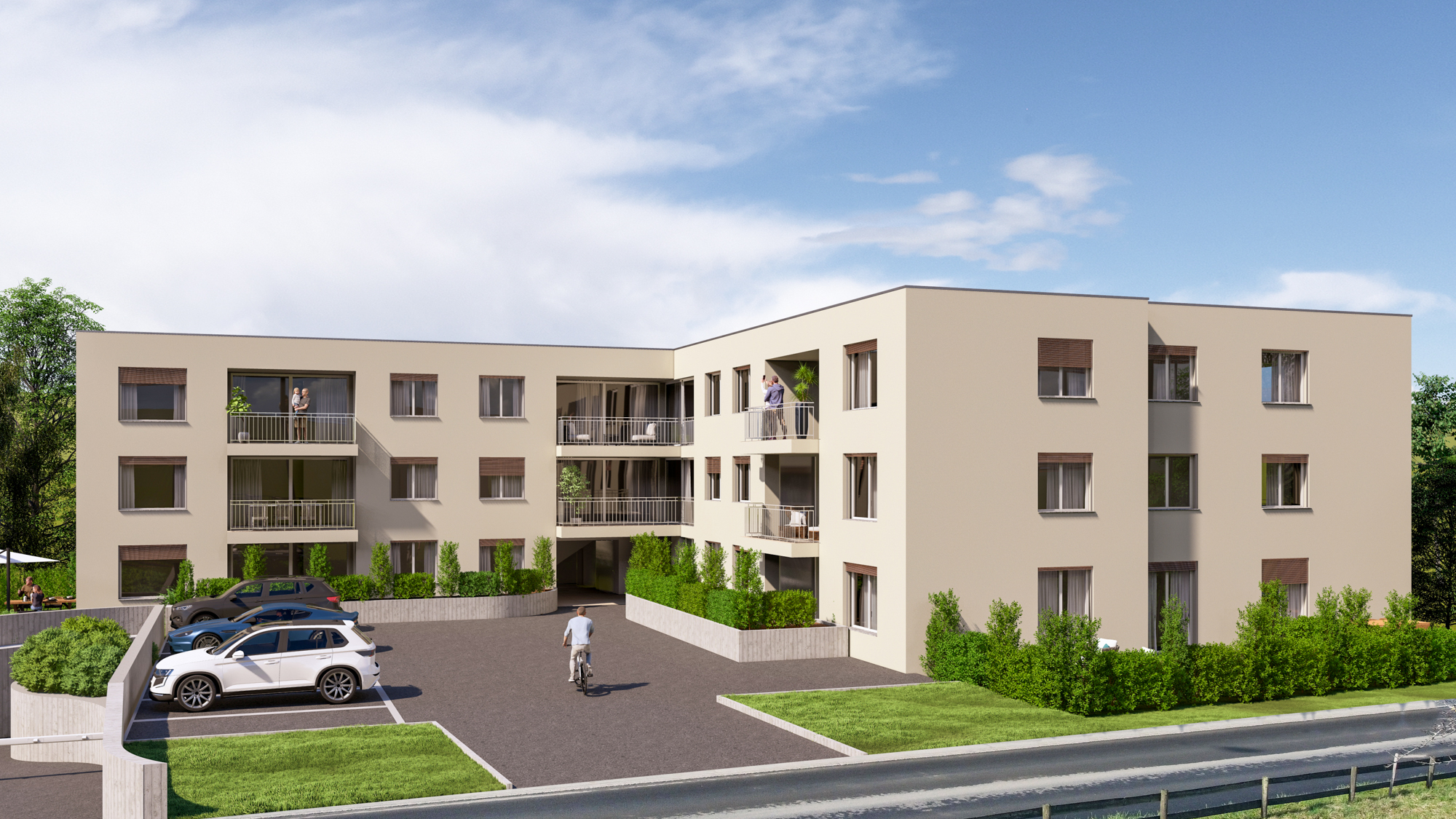 Moderne Wohnanlage mit Innenhof und Balkonen