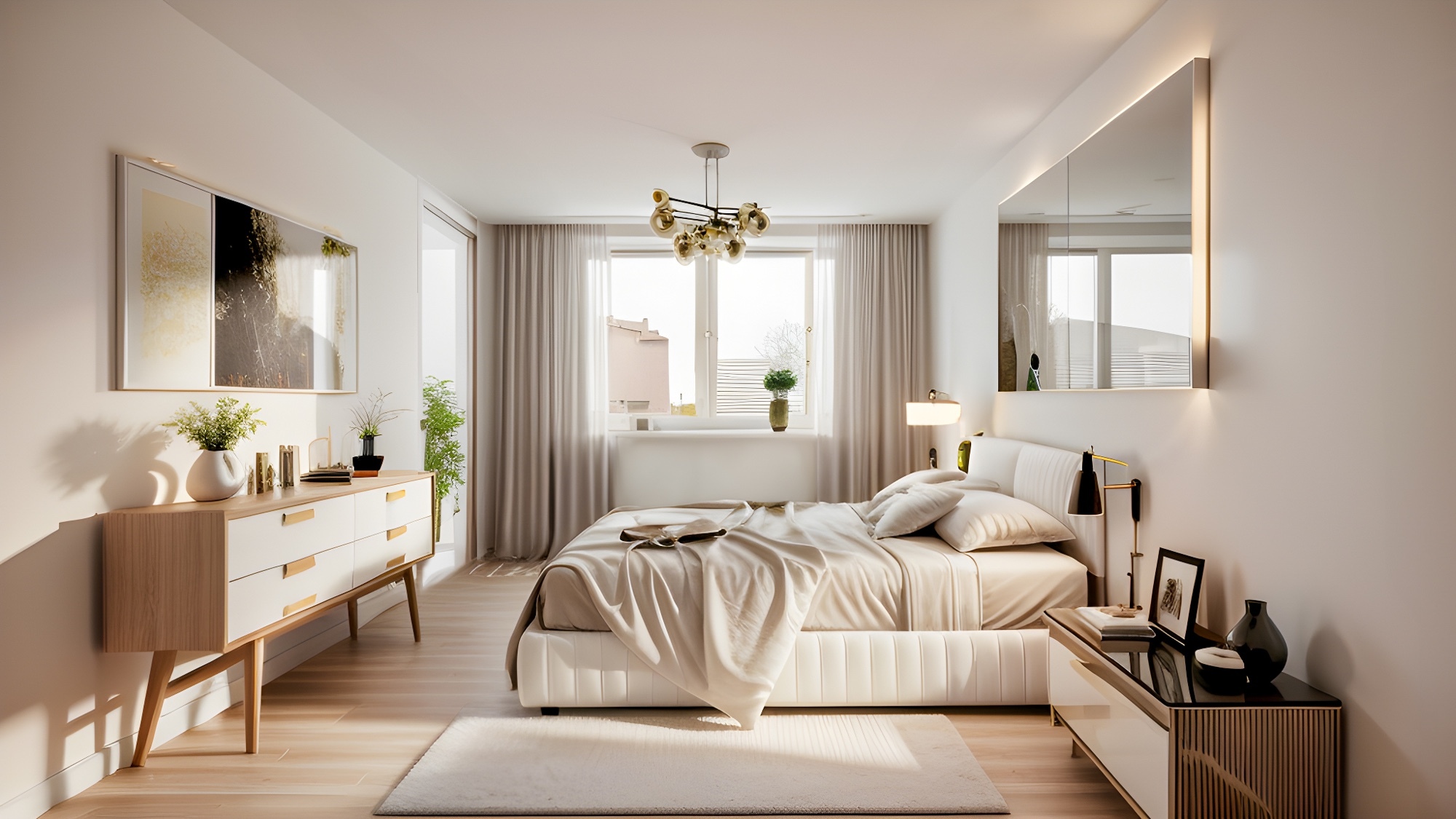 Helles, modernes Schlafzimmer mit Staging