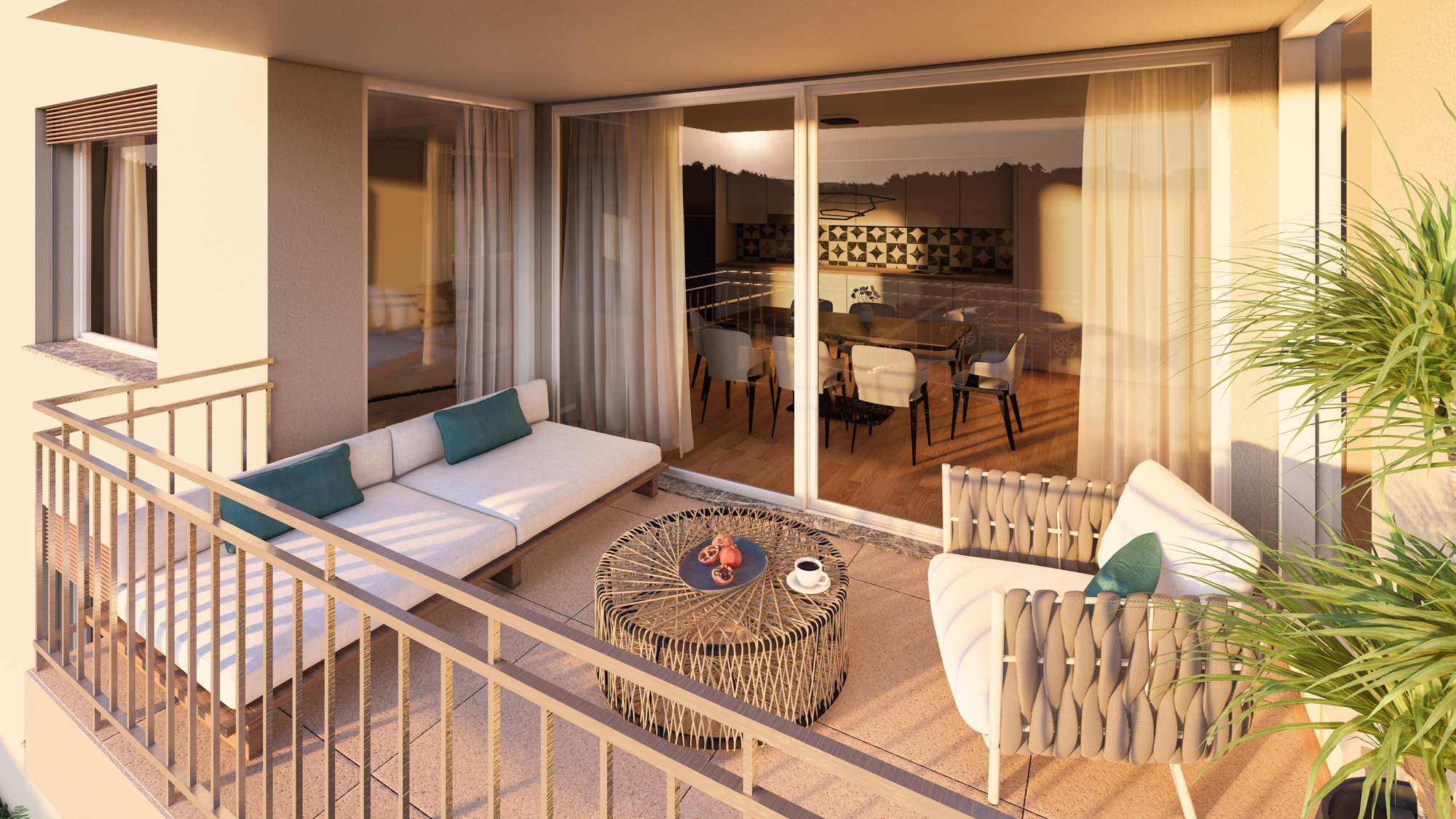 Gemütlicher Balkon mit Blick in den Wohn- und Essbereich