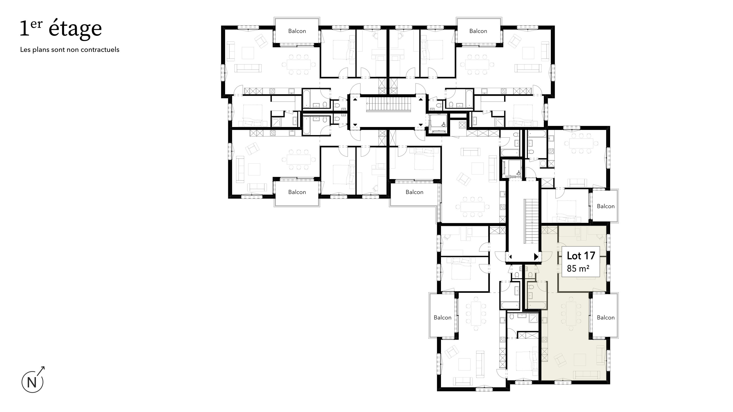 Grundriss einer Etage mit mehreren Wohneinheiten und Balkonen