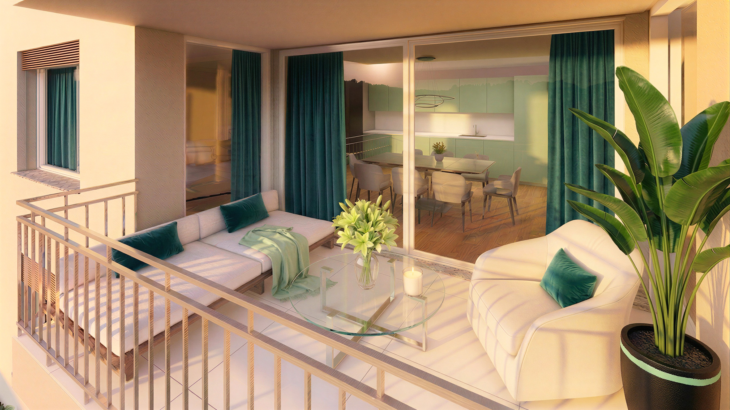 Balkon mit Wohnbereich und Blick ins Esszimmer