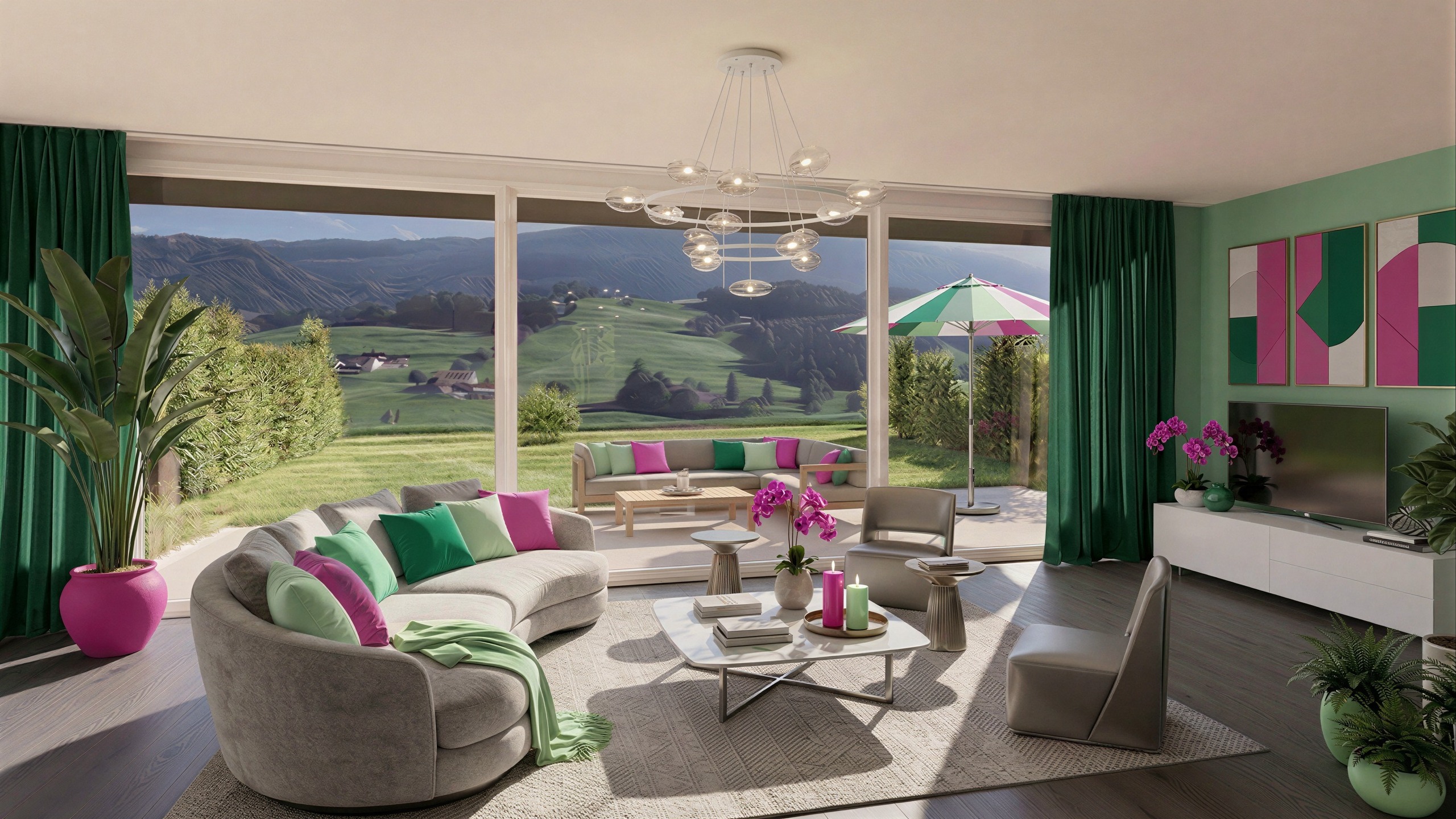 Modernes Wohnzimmer mit Panoramaausblick