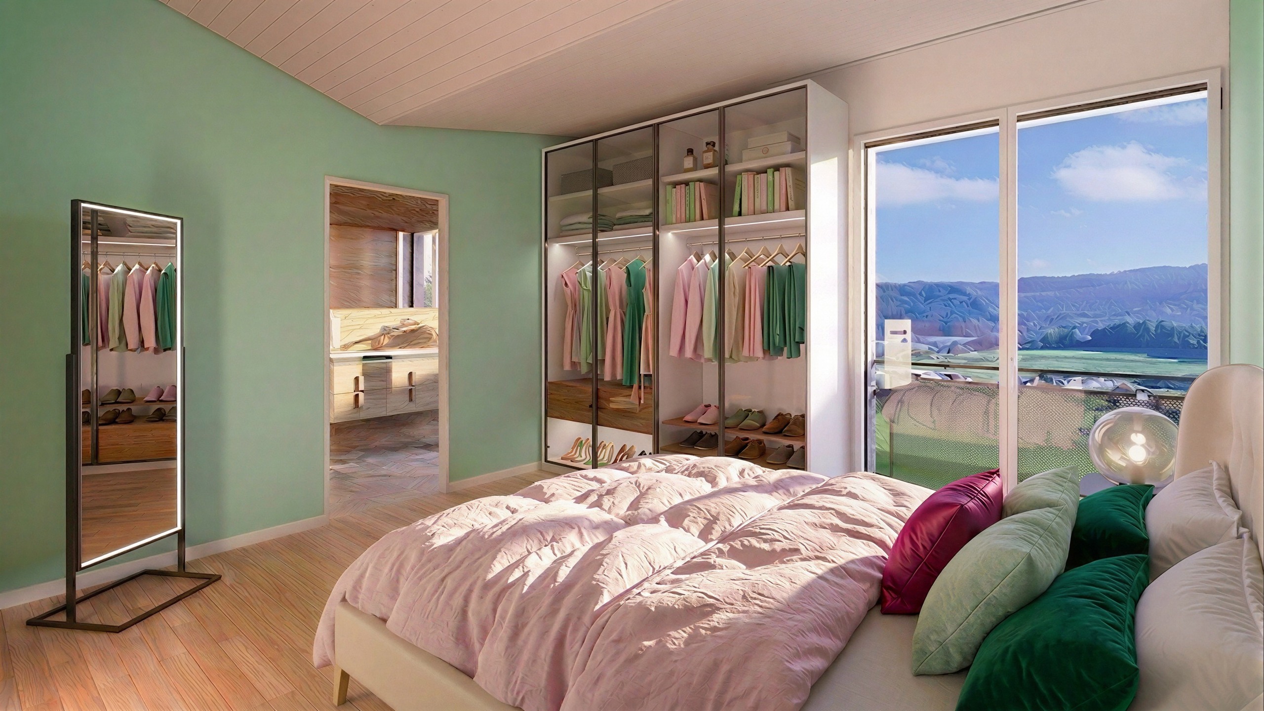 Helles Schlafzimmer mit begehbarem Kleiderschrank