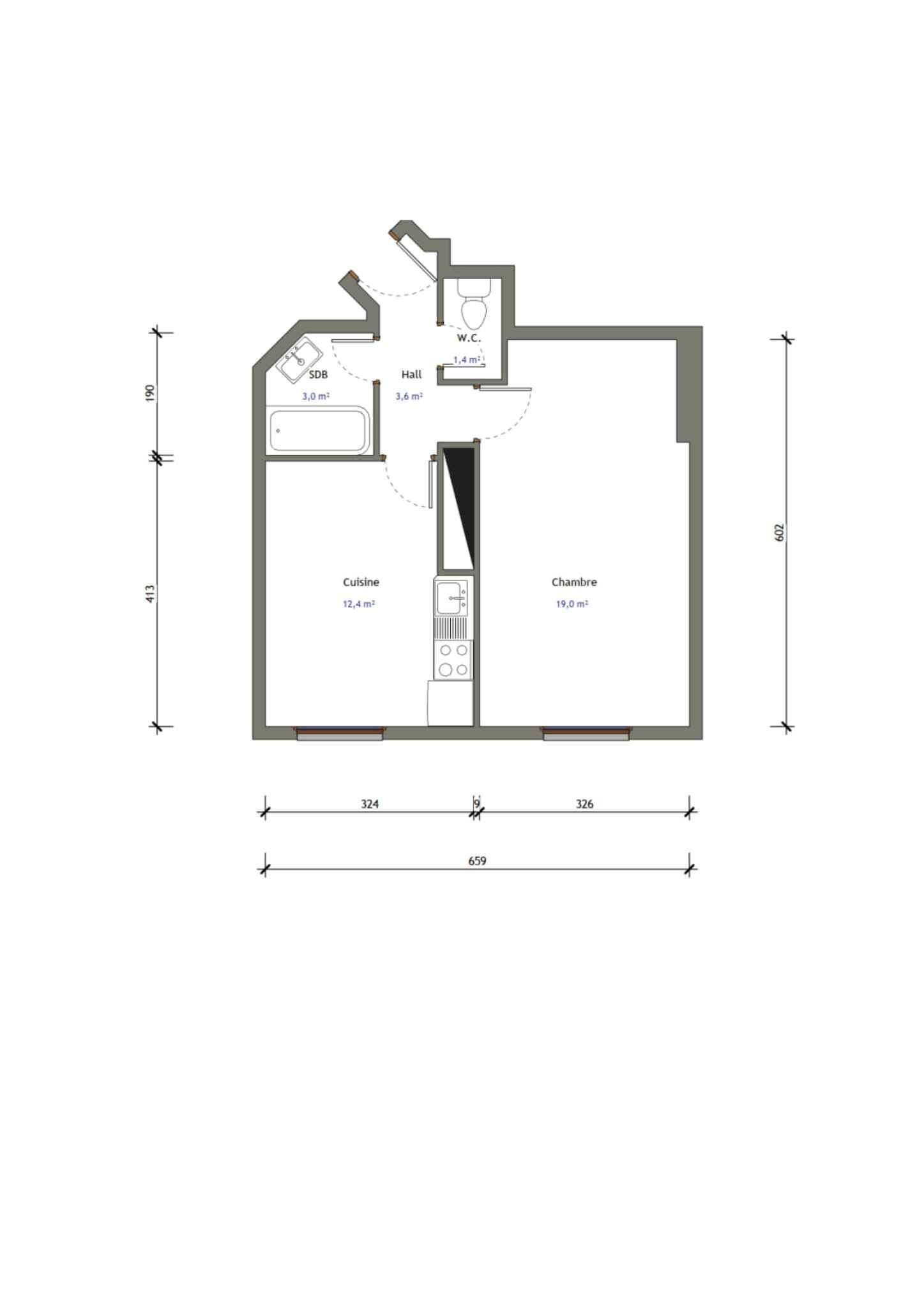 Grundriss mit Küche, Schlafzimmer, Bad und WC