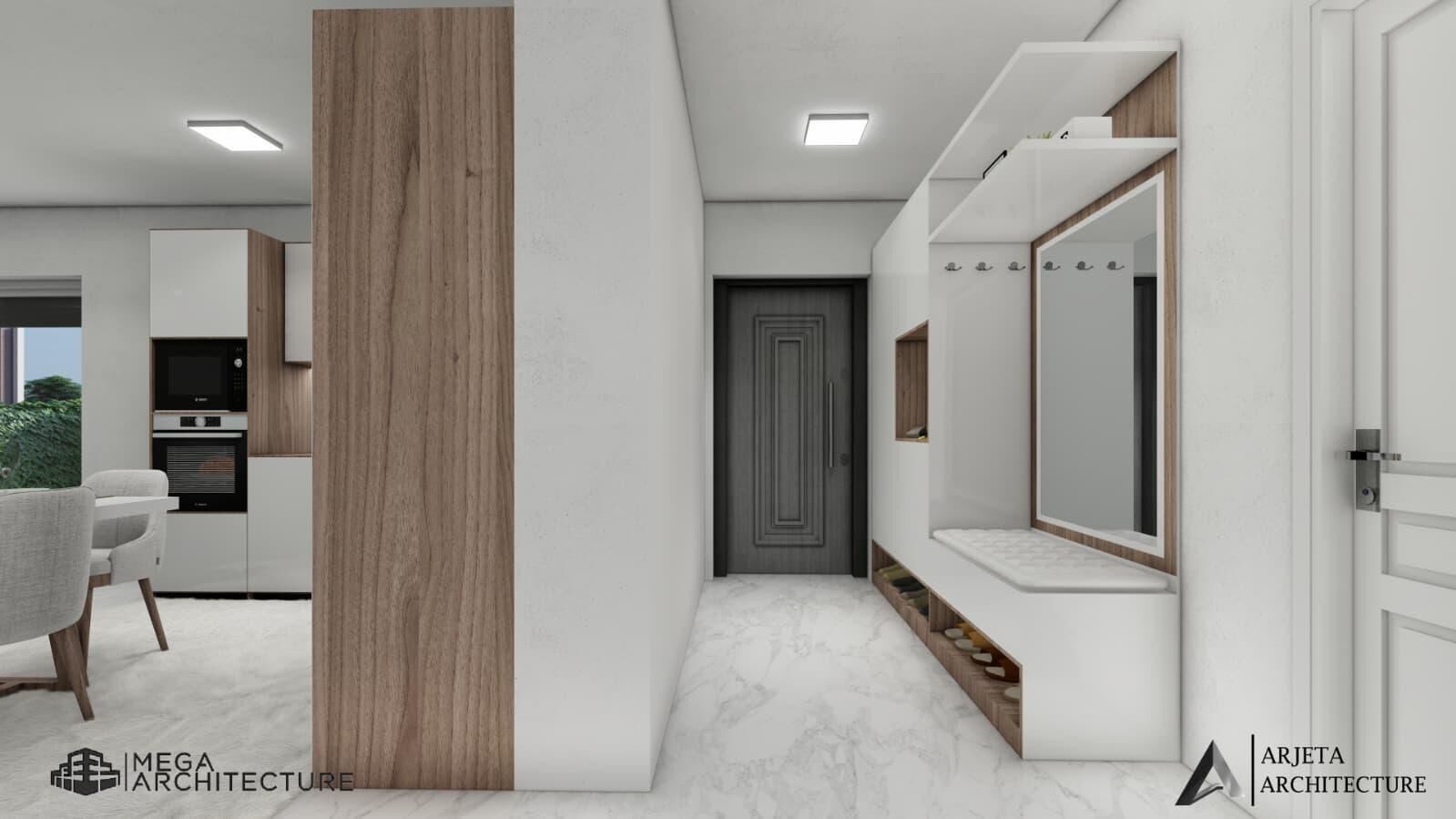 Moderner Flur mit offener Wohnküche und Garderobe