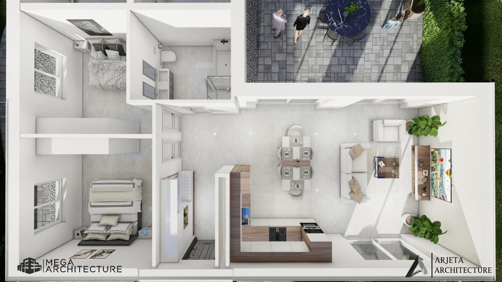 Grundriss einer modernen Wohnung mit Dachterrasse