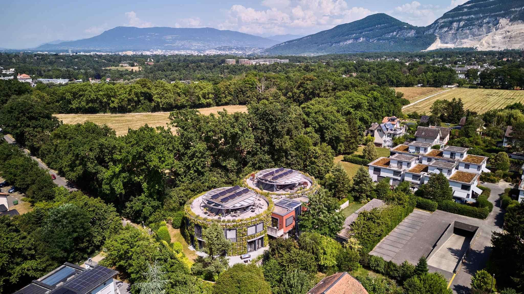 Luftaufnahme eines grünen Wohngebiets mit Bergpanorama