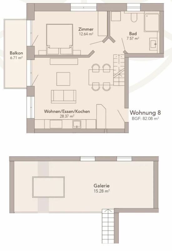 Wohnungsgrundriss mit Balkon und Galerie