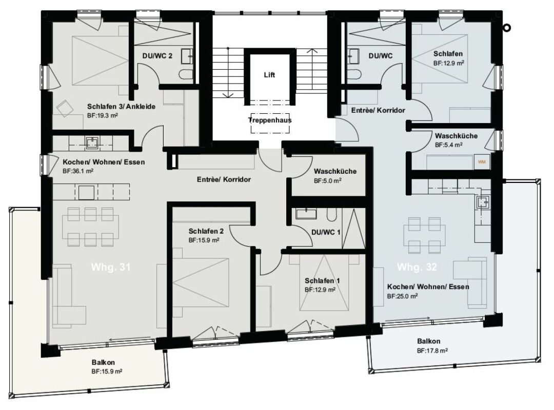 Grundriss einer Wohnung mit zwei Einheiten