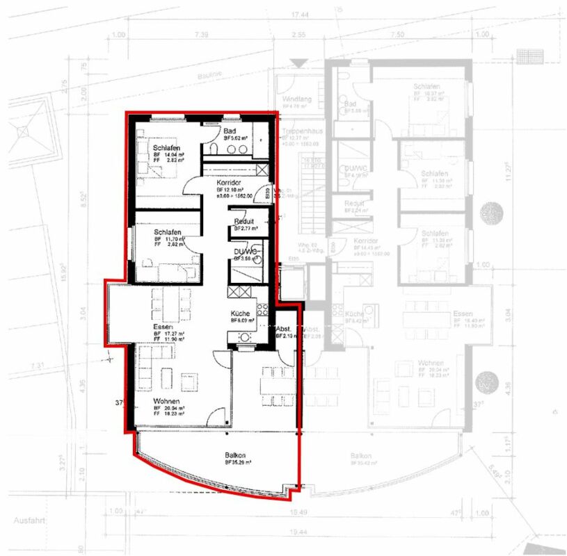 Grundriss einer Wohnung mit markiertem Bereich