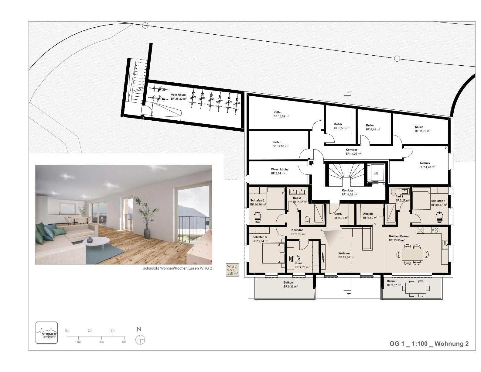Wohnungsgrundriss mit Innenansicht