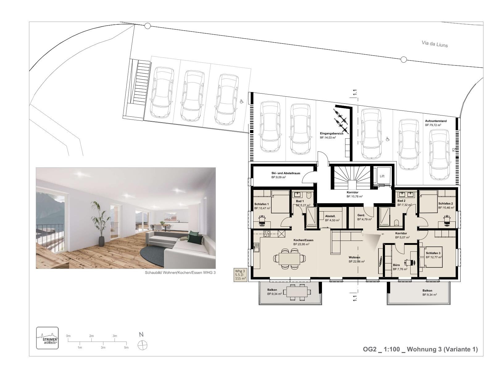 Grundriss einer Wohnung mit Lageplan und Innenansicht
