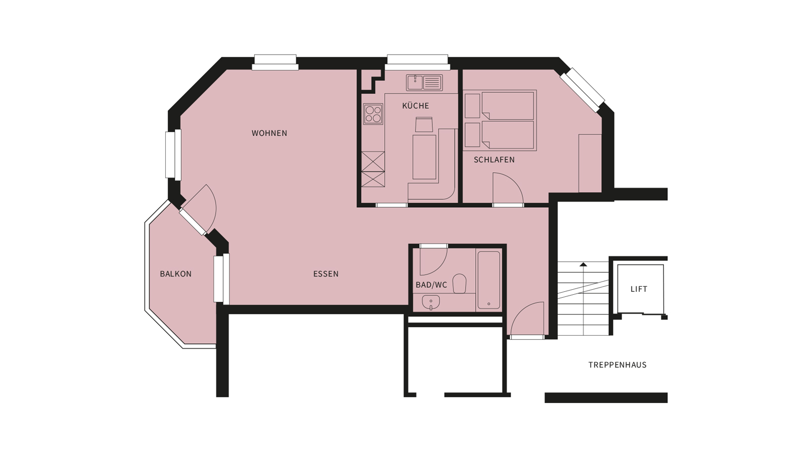 Grundriss einer Wohnung mit Balkon, Wohnbereich, Küche, Schlafzimmer, Bad/WC und Liftzugang