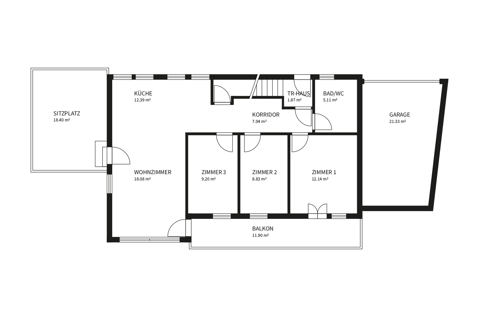 Grundriss einer Wohnung mit Balkon und Garage
