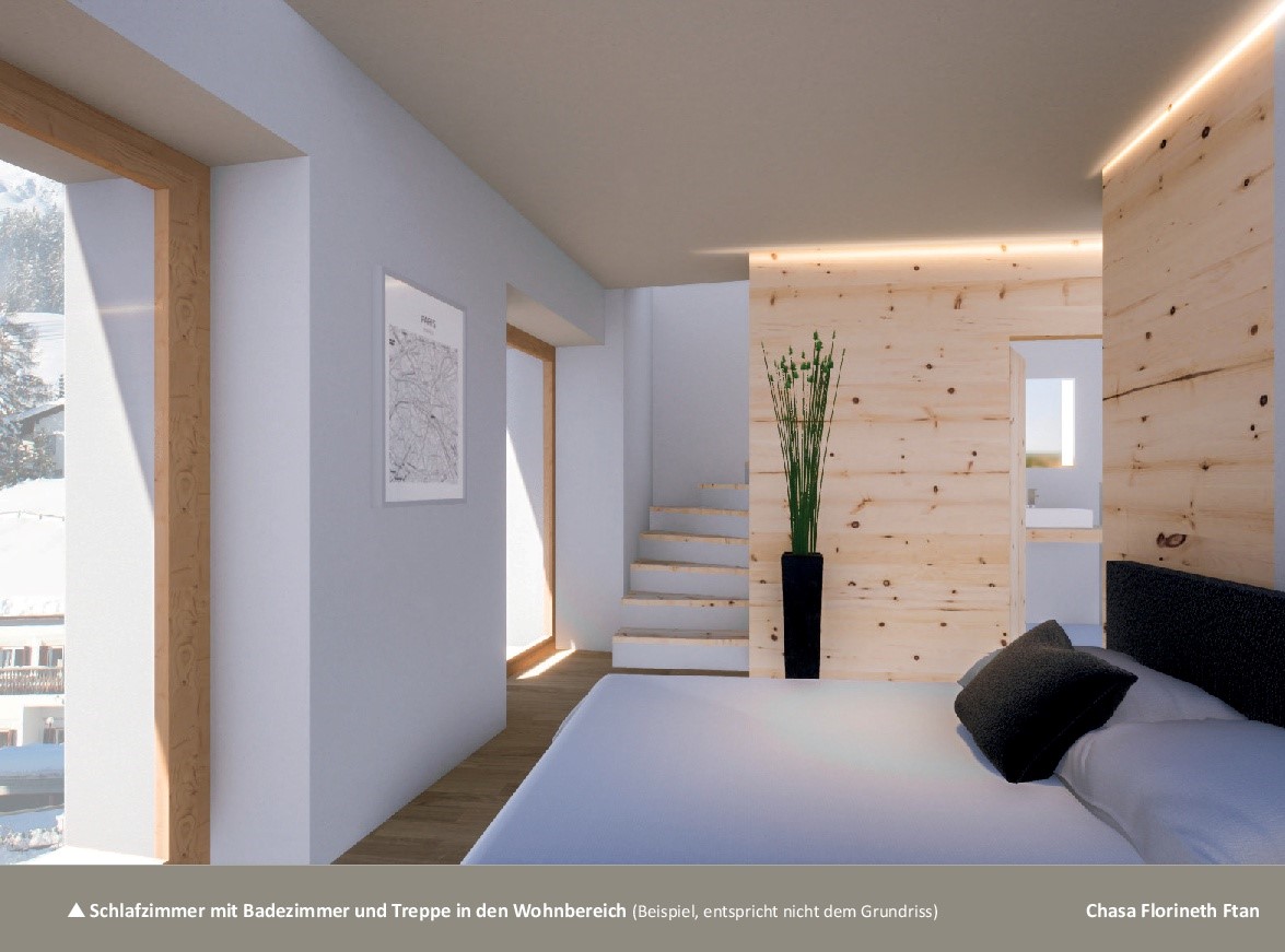 Modernes Schlafzimmer mit Treppe und Naturholz-Akzentwand