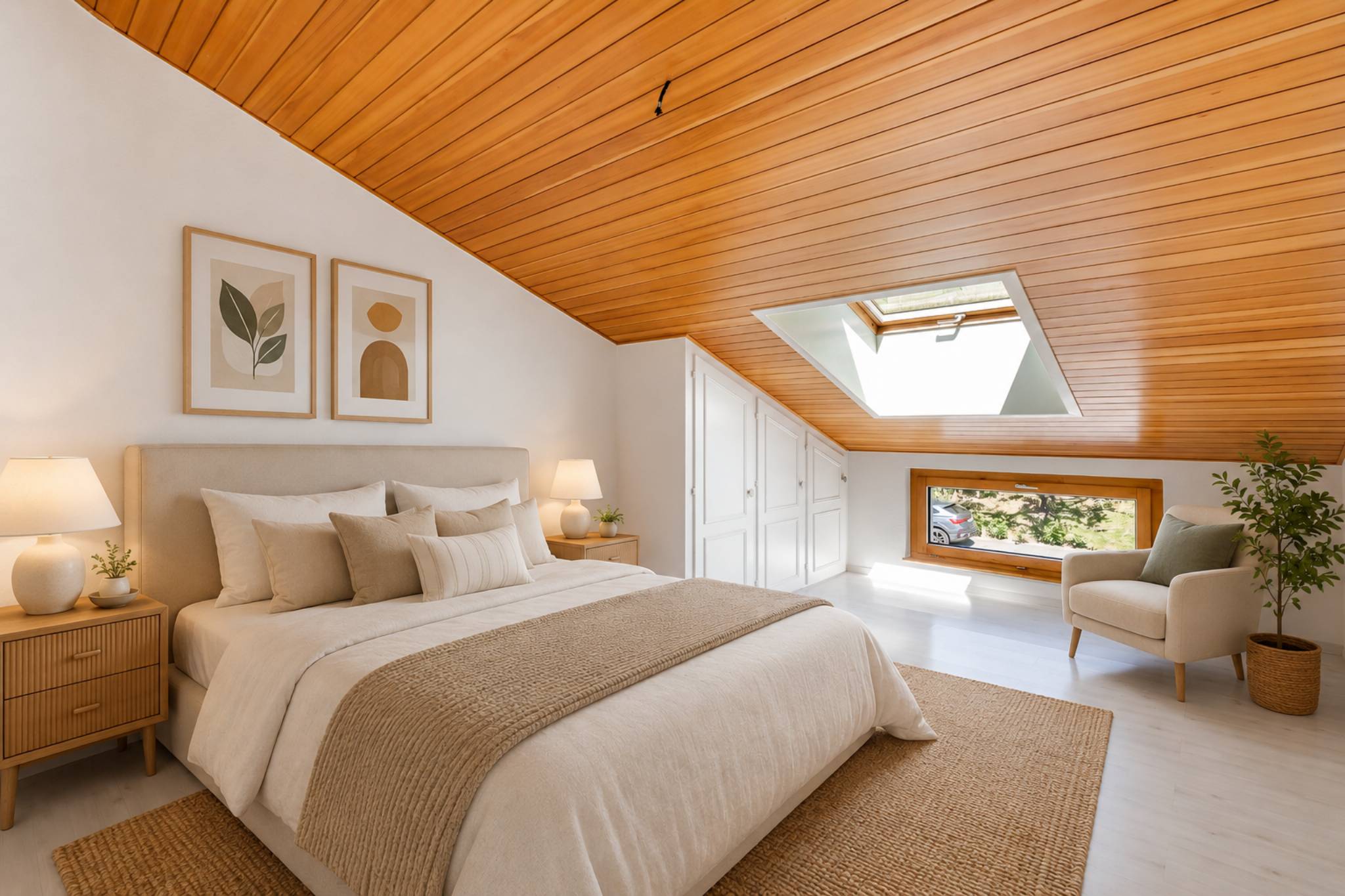 Helles Dachgeschoss-Schlafzimmer mit Naturmaterialien