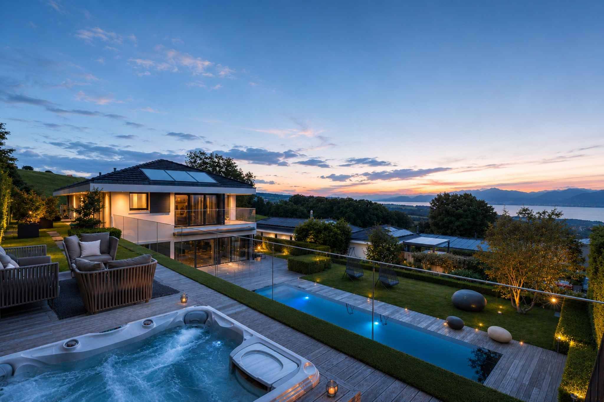 Luxuriöse Außenansicht mit Pool und Whirlpool bei Sonnenuntergang