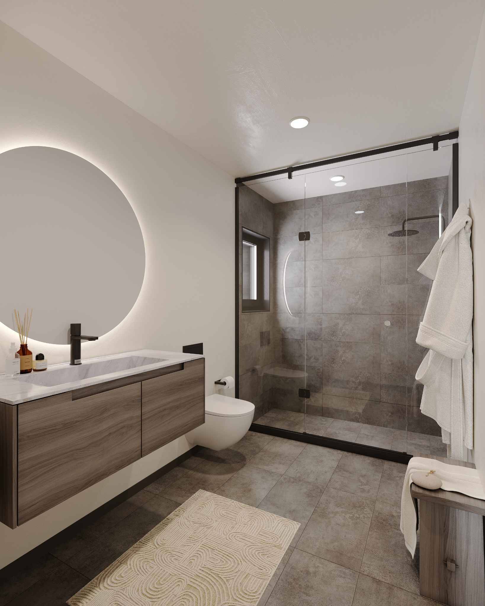 Modernes Badezimmer mit Glasdusche und Holzwaschtisch
