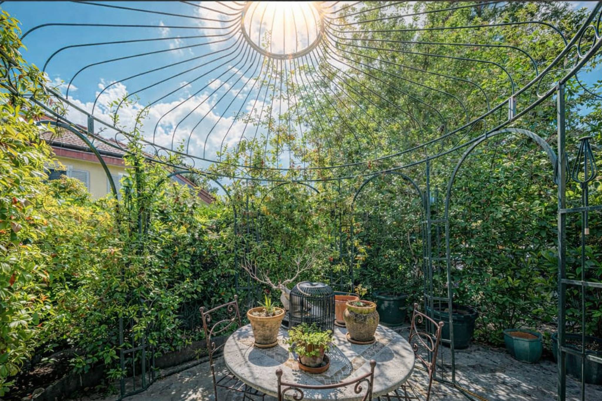 Gartenpavillon mit Rankgitter und Tischgruppe