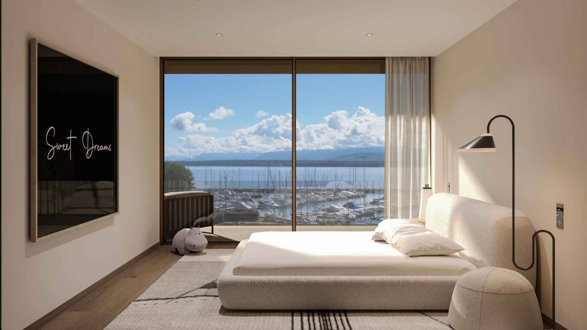 Modernes Schlafzimmer mit Seeblick