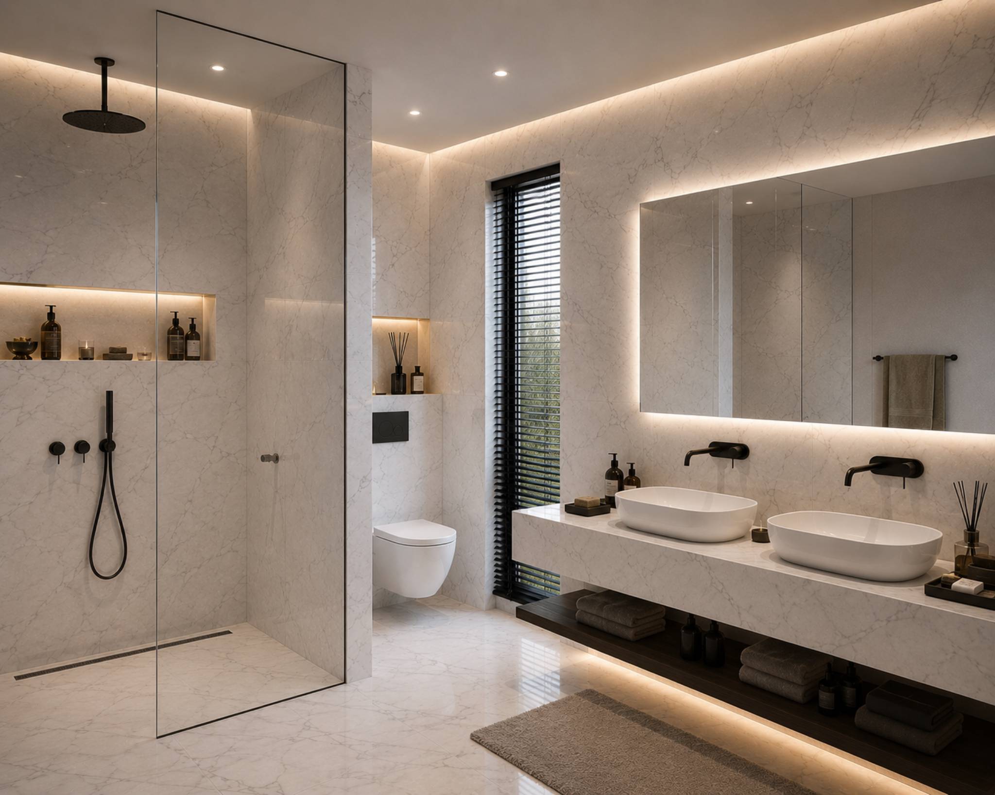 Luxuriöses, modernes Badezimmer mit Doppelwaschtisch und Walk-in-Dusche